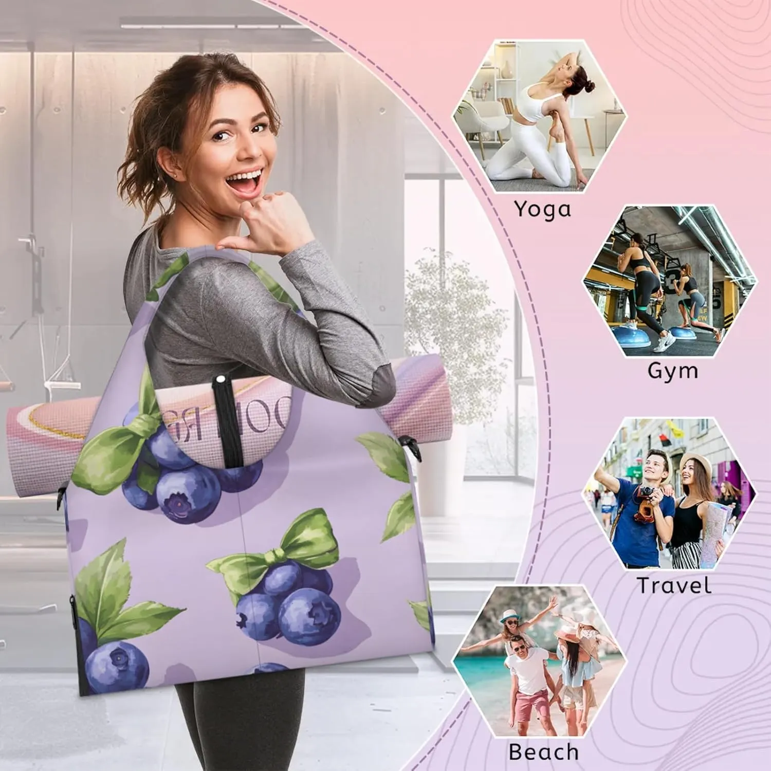 Gym Bag for Women Blueberry Fruit Theme Duffel Bag with Shoe Compartment and Yoga Mat Holder Portable Weekender Bags Travel Tote Bags