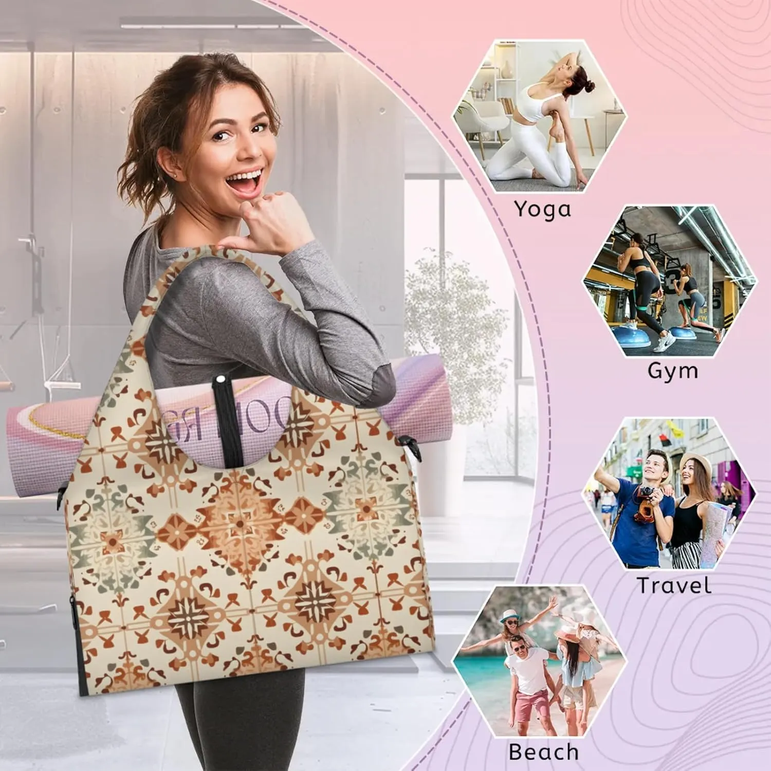Gym Bag for Women Boho Themed Duffel Bag with Shoe Compartment and Yoga Mat Holder Portable Weekender Bags Travel Tote Bags