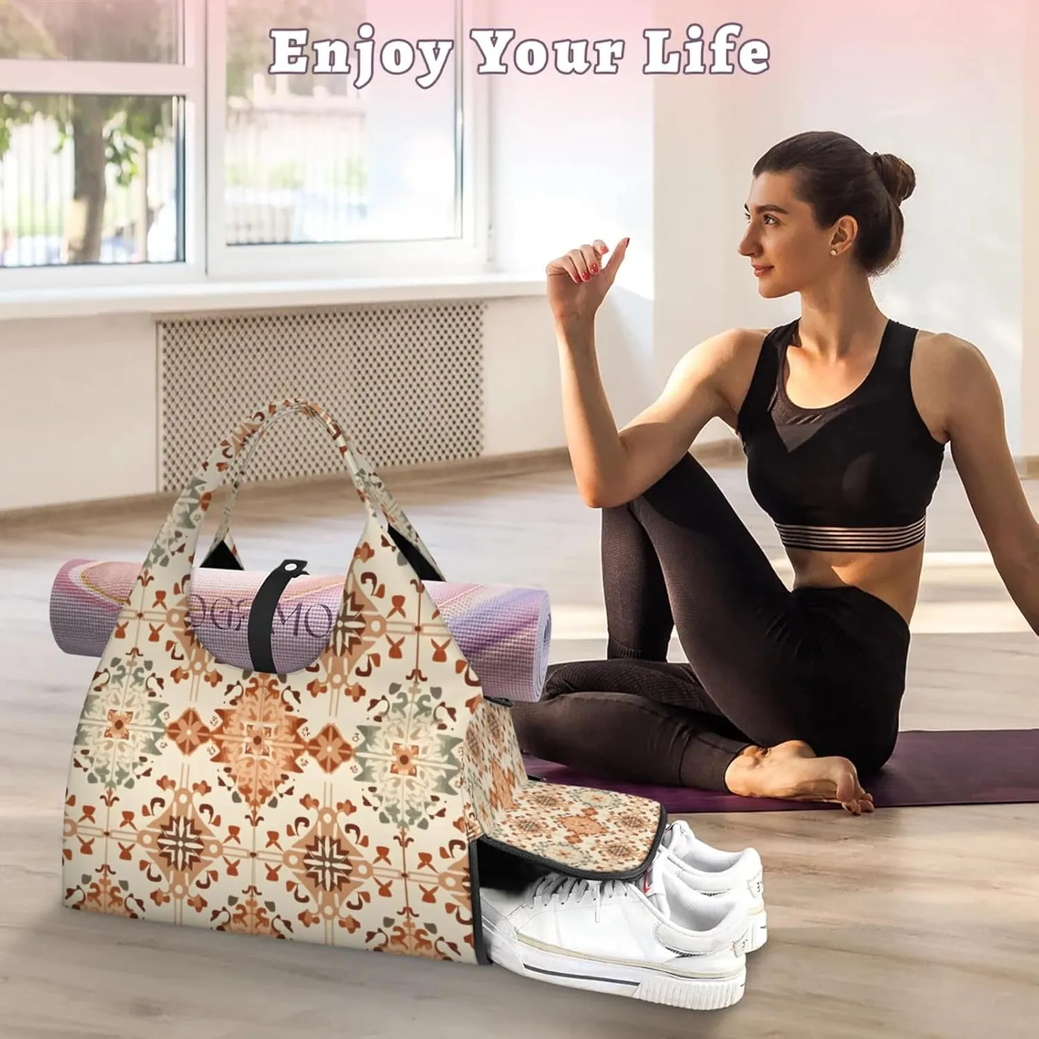 Gym Bag for Women Boho Themed Duffel Bag with Shoe Compartment and Yoga Mat Holder Portable Weekender Bags Travel Tote Bags