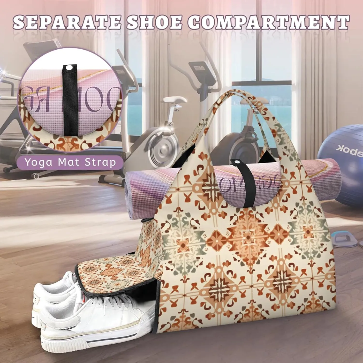 Gym Bag for Women Boho Themed Duffel Bag with Shoe Compartment and Yoga Mat Holder Portable Weekender Bags Travel Tote Bags