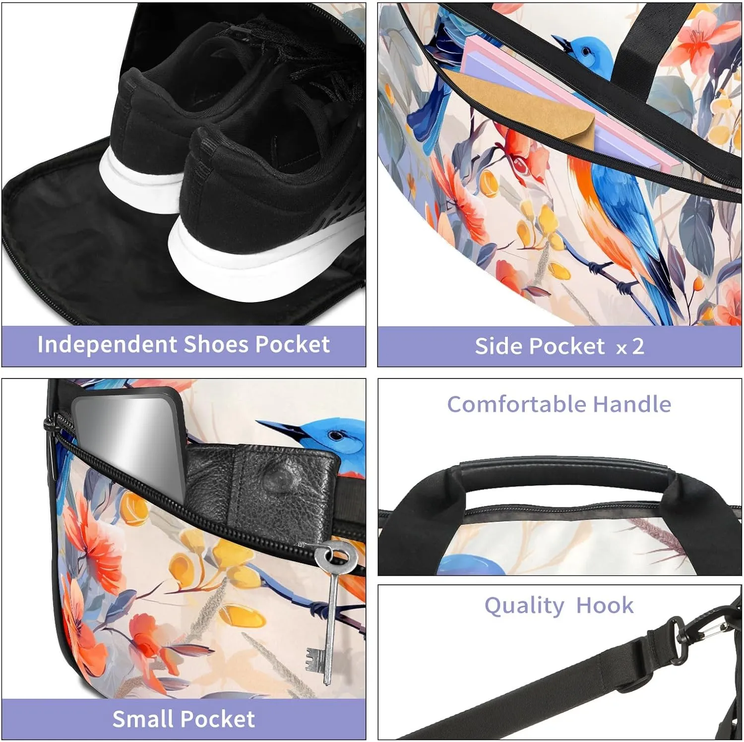 Gym Bag for Women, Carry on Weekender Overnight Bag, Travel Duffel Bags, Personal Item Travel Bag Tote Bag Workout Dance Bag, Chinese Painting Bird - 33