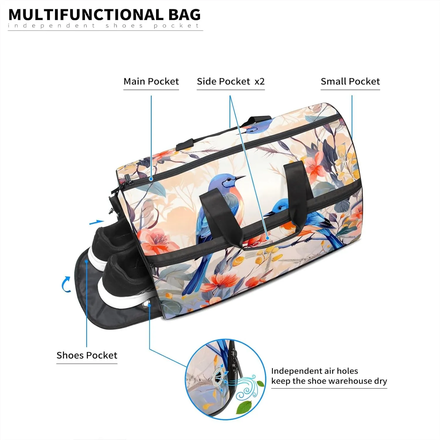 Gym Bag for Women, Carry on Weekender Overnight Bag, Travel Duffel Bags, Personal Item Travel Bag Tote Bag Workout Dance Bag, Chinese Painting Bird - 33