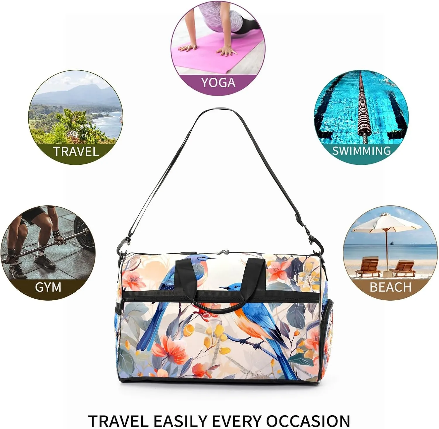 Gym Bag for Women, Carry on Weekender Overnight Bag, Travel Duffel Bags, Personal Item Travel Bag Tote Bag Workout Dance Bag, Chinese Painting Bird - 33