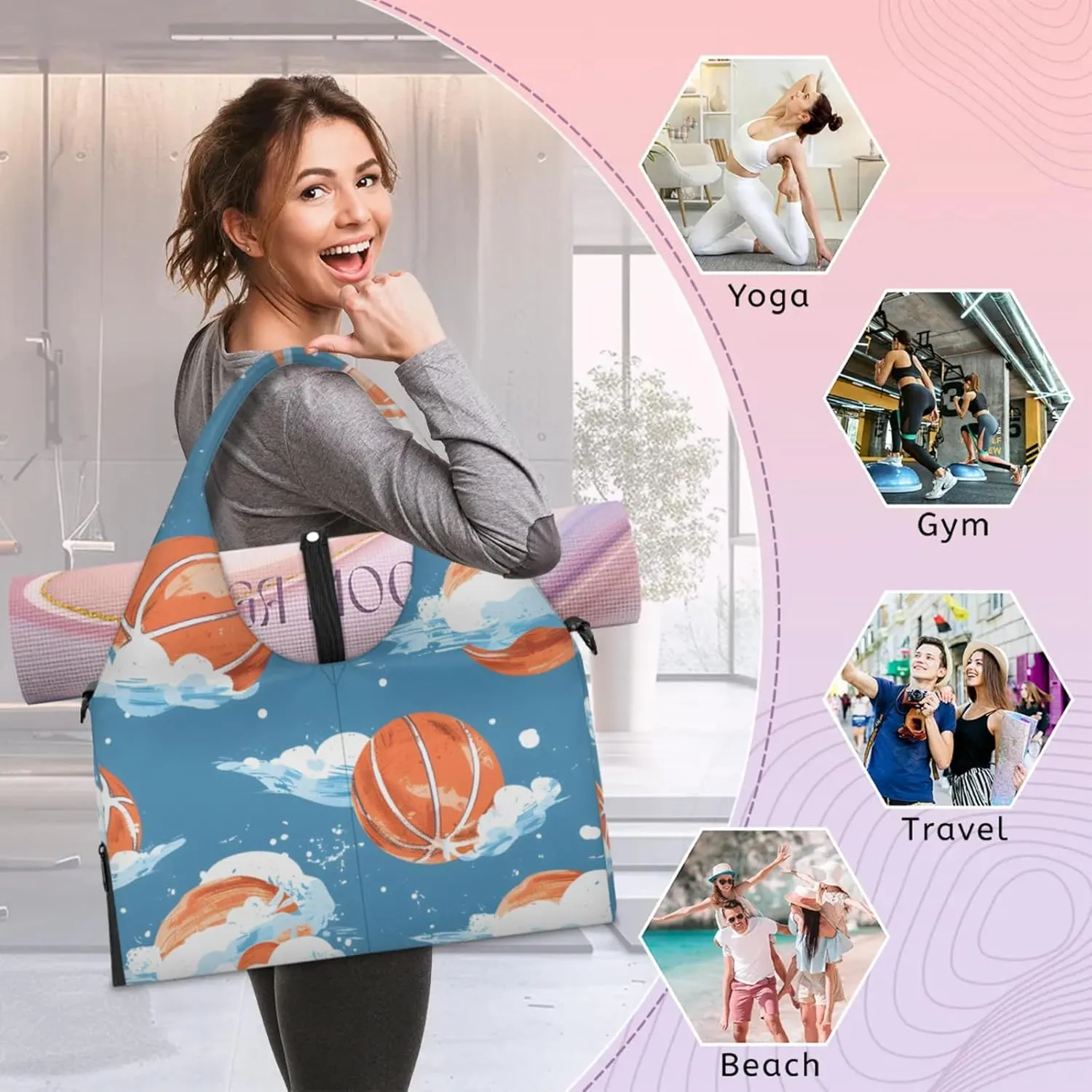 Gym Bag for Women Cartoon Basketball Duffel Bag with Shoe Compartment and Yoga Mat Holder Portable Weekender Bags Travel Tote Bags