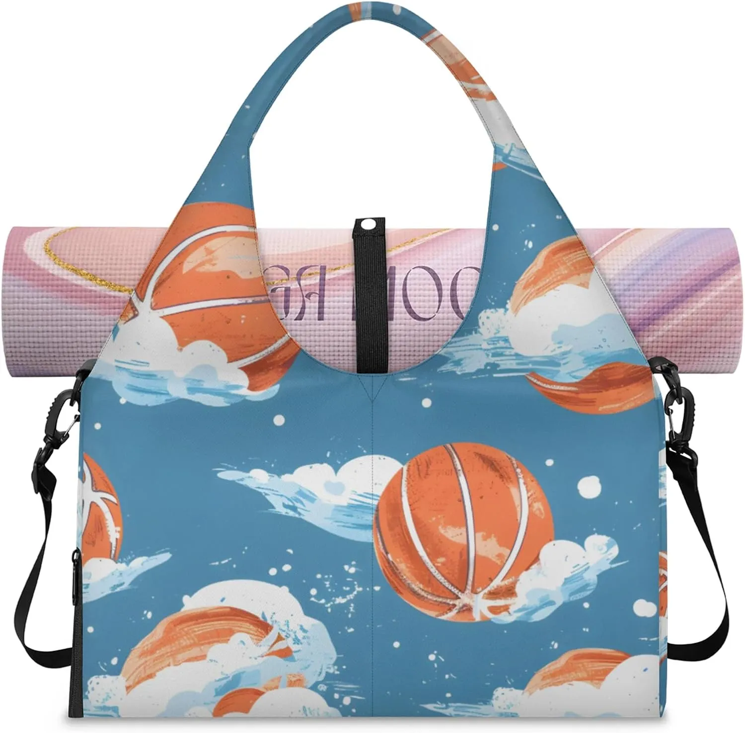 Gym Bag for Women Cartoon Basketball Duffel Bag with Shoe Compartment and Yoga Mat Holder Portable Weekender Bags Travel Tote Bags