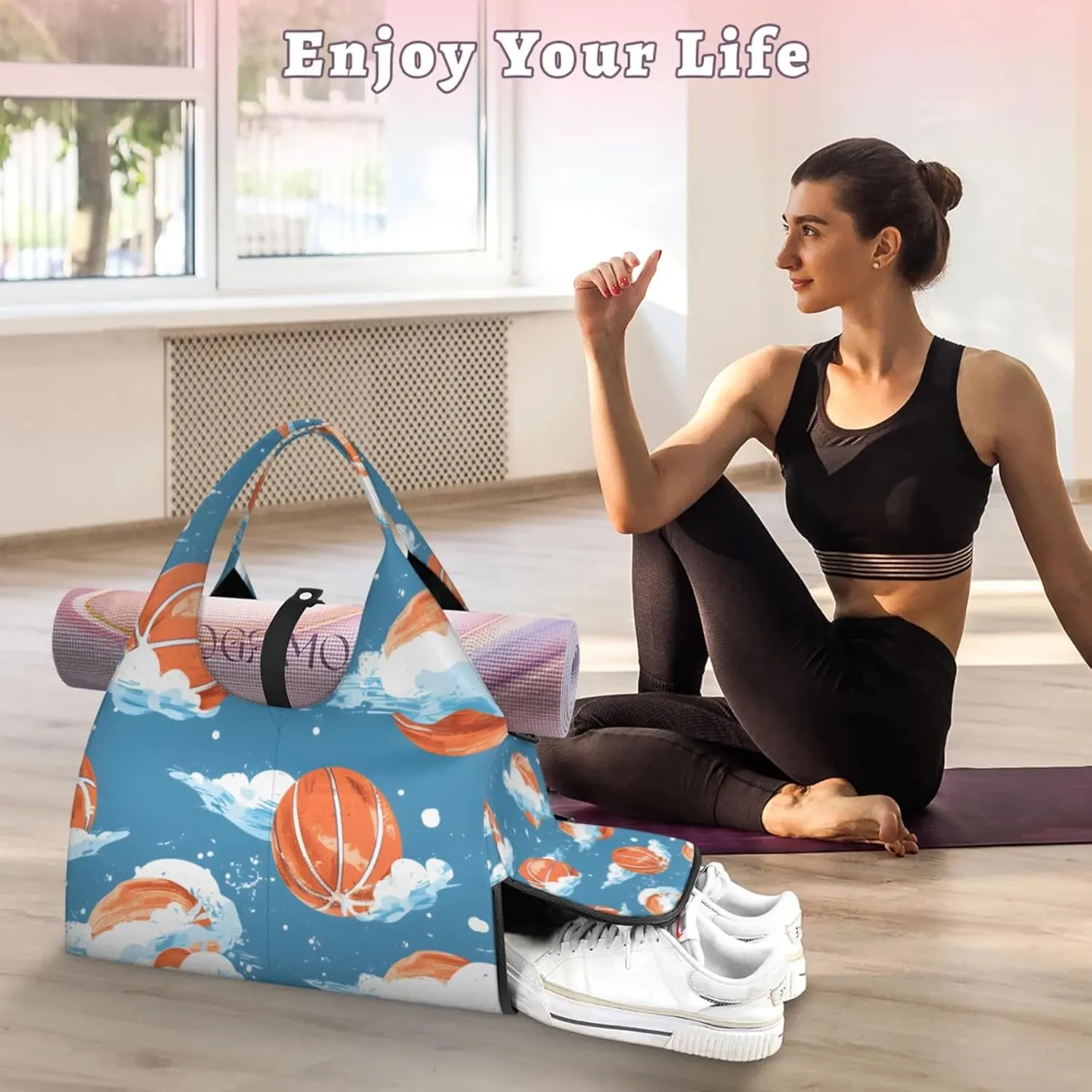 Gym Bag for Women Cartoon Basketball Duffel Bag with Shoe Compartment and Yoga Mat Holder Portable Weekender Bags Travel Tote Bags