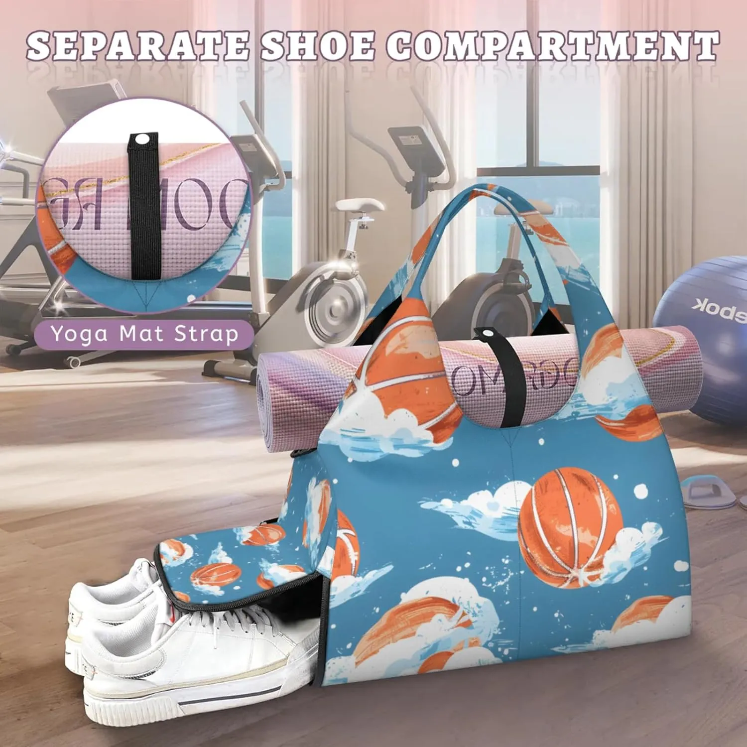Gym Bag for Women Cartoon Basketball Duffel Bag with Shoe Compartment and Yoga Mat Holder Portable Weekender Bags Travel Tote Bags