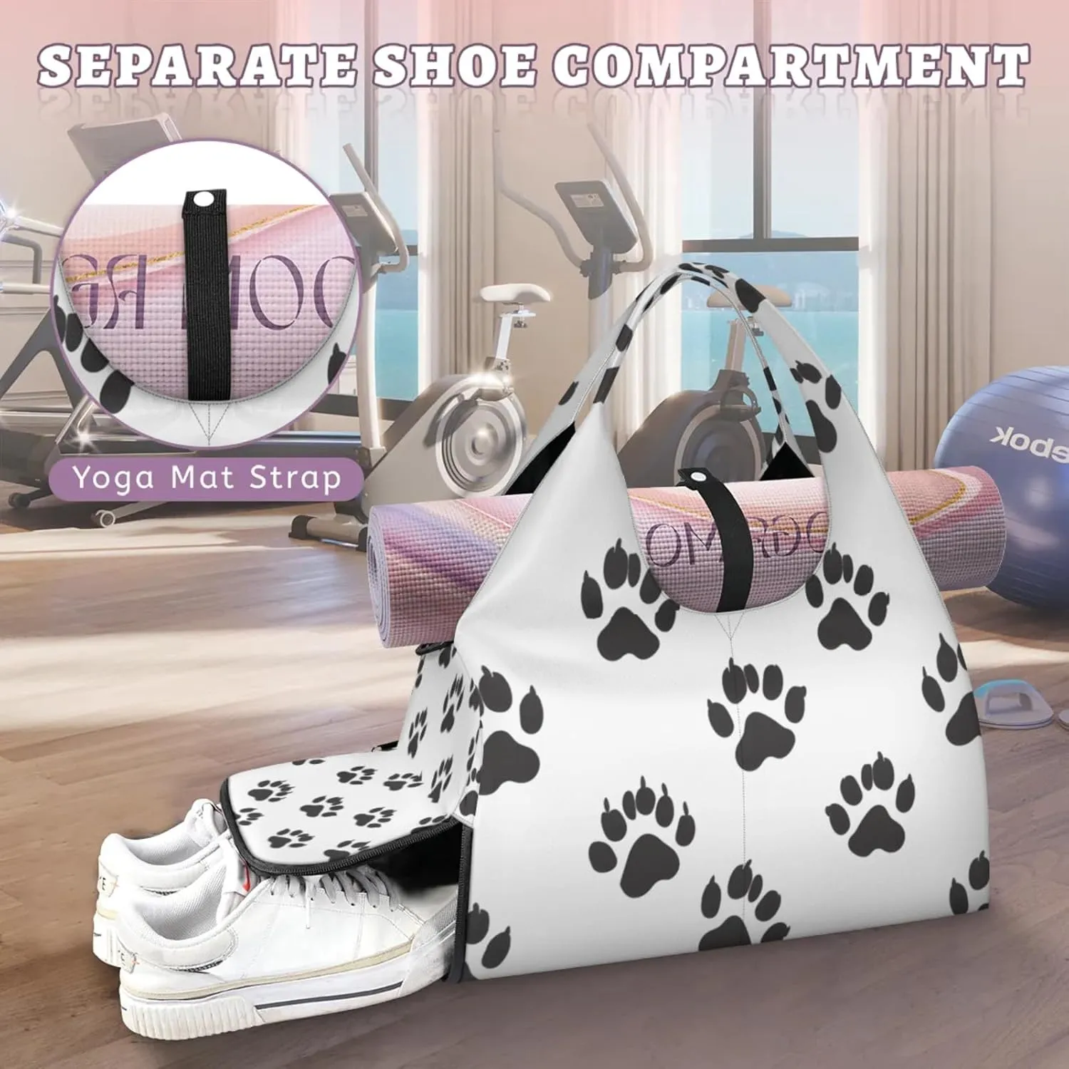 Gym Bag for Women Cats Paws Prints Duffel Bag with Shoe Compartment and Yoga Mat Holder Portable Weekender Bags Travel Tote Bags
