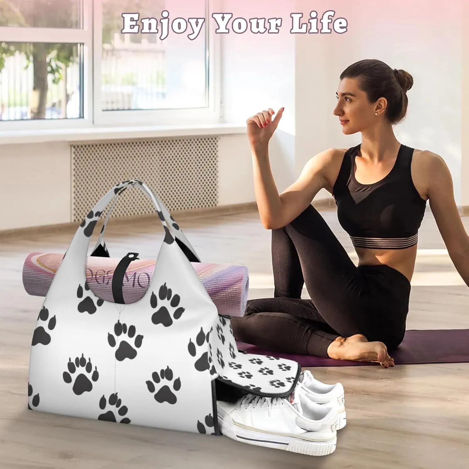 Gym Bag for Women Cats Paws Prints Duffel Bag with Shoe Compartment and Yoga Mat Holder Portable Weekender Bags Travel Tote Bags