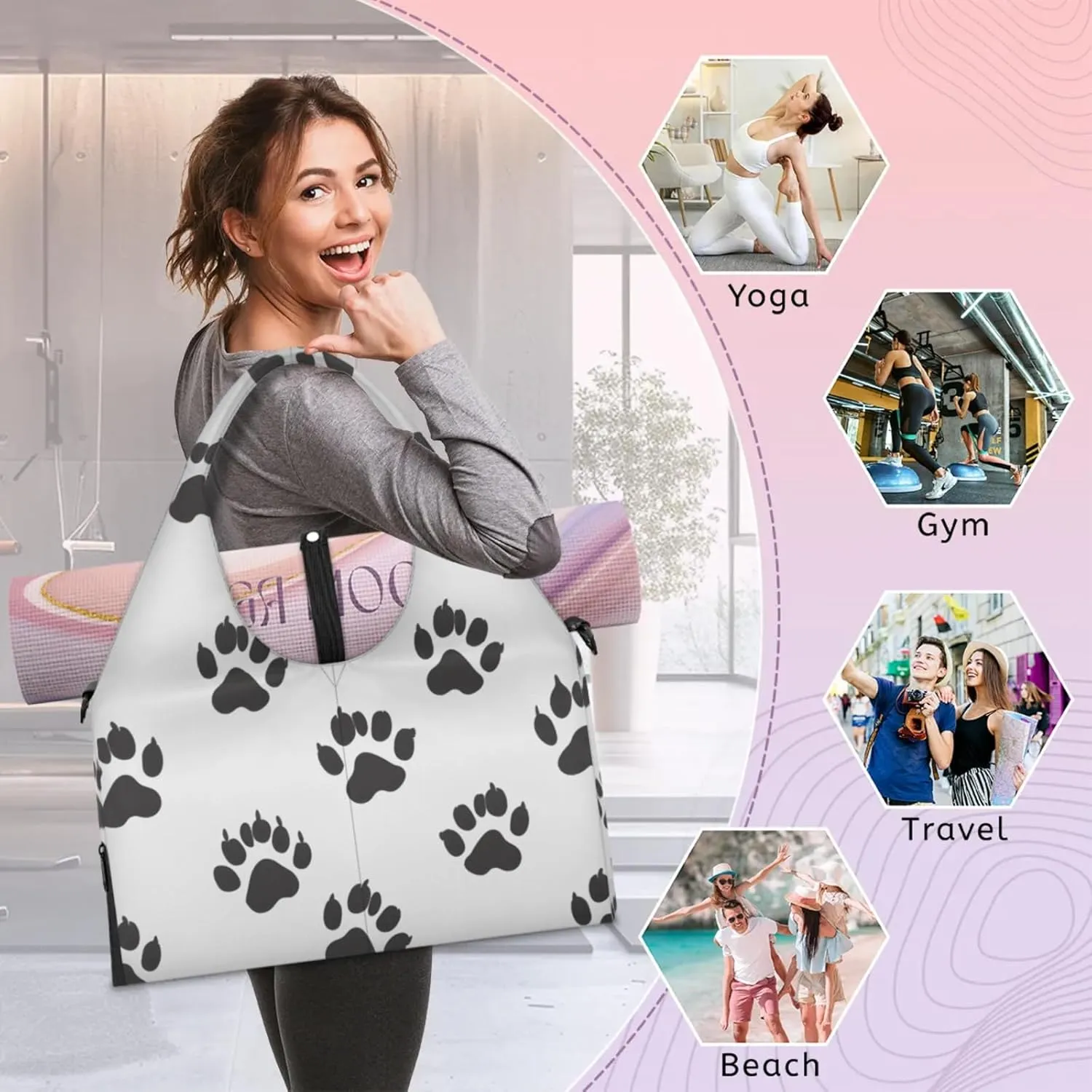 Gym Bag for Women Cats Paws Prints Duffel Bag with Shoe Compartment and Yoga Mat Holder Portable Weekender Bags Travel Tote Bags