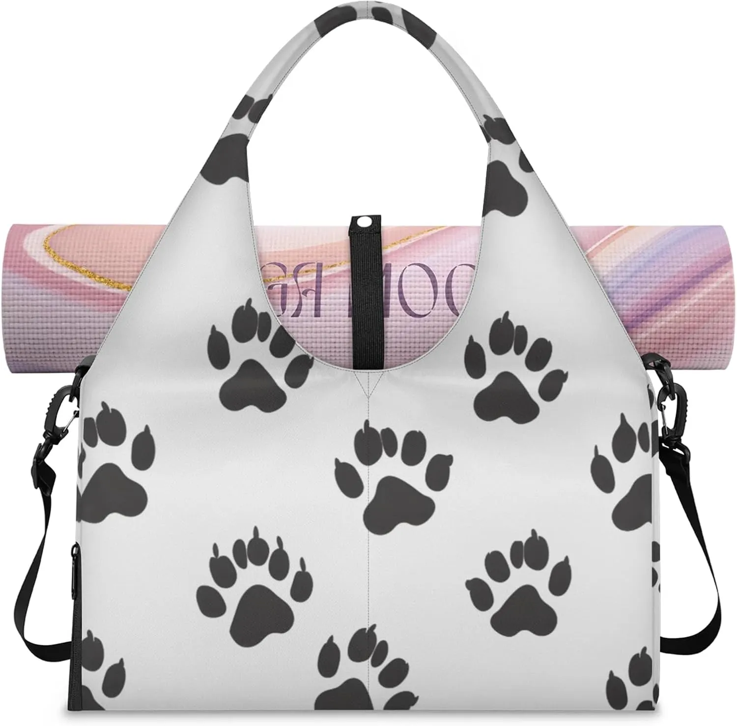 Gym Bag for Women Cats Paws Prints Duffel Bag with Shoe Compartment and Yoga Mat Holder Portable Weekender Bags Travel Tote Bags