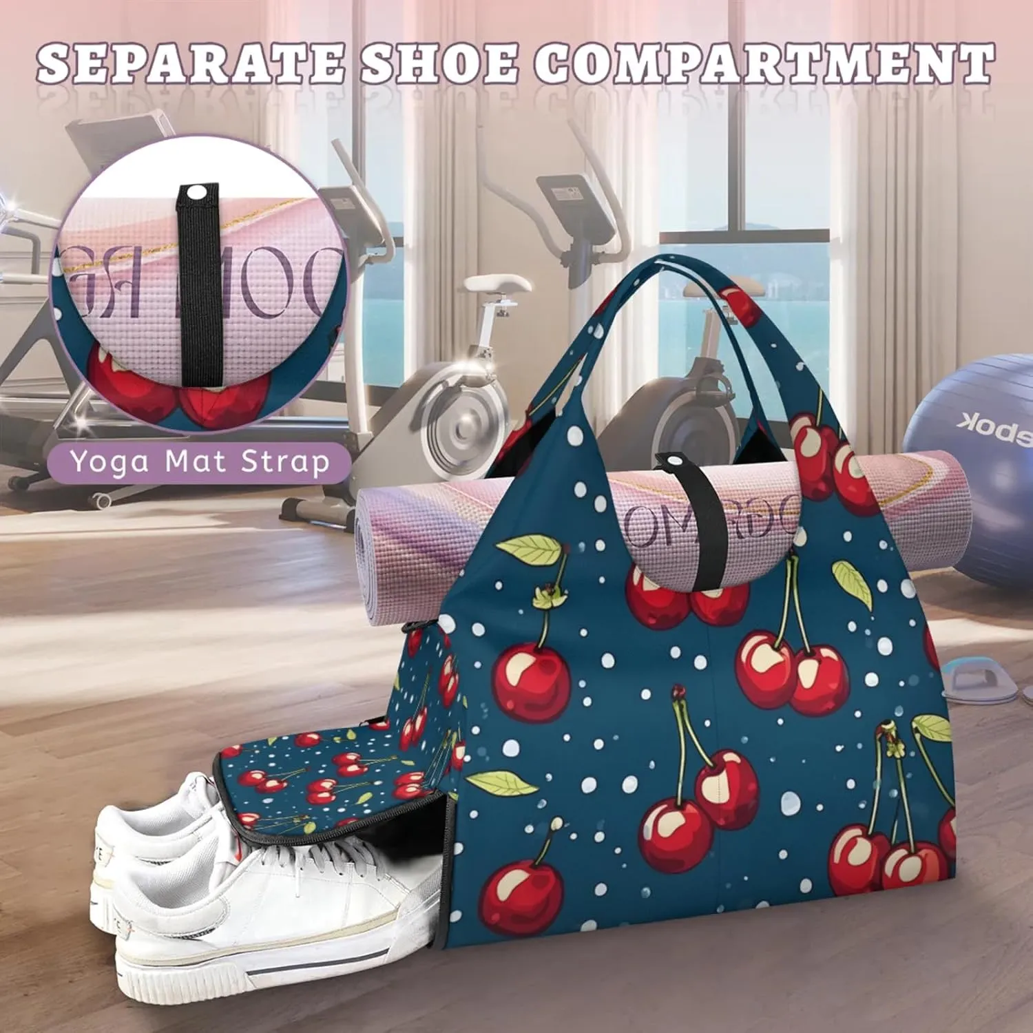 Gym Bag for Women Cherry Style Duffel Bag with Shoe Compartment and Yoga Mat Holder Portable Weekender Bags Travel Tote Bags