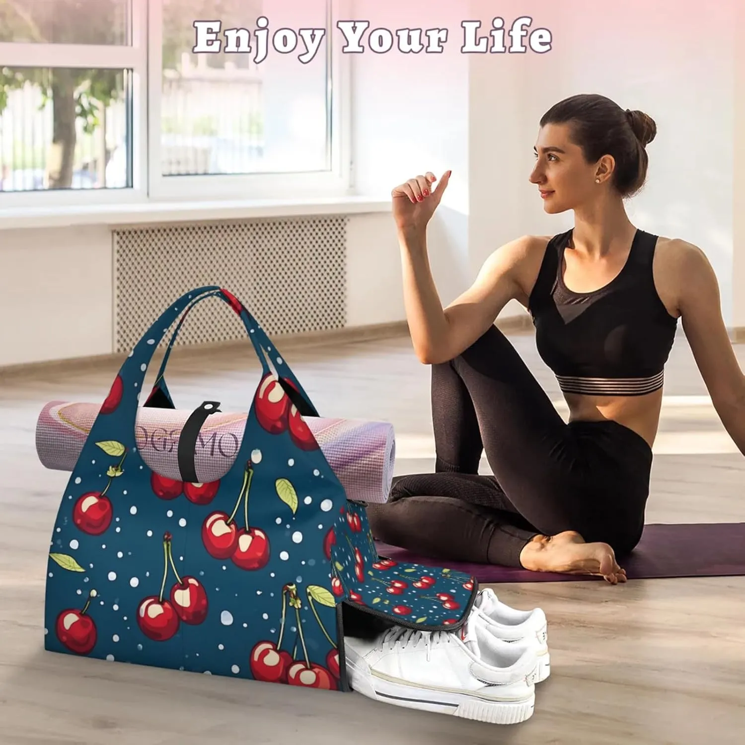 Gym Bag for Women Cherry Style Duffel Bag with Shoe Compartment and Yoga Mat Holder Portable Weekender Bags Travel Tote Bags