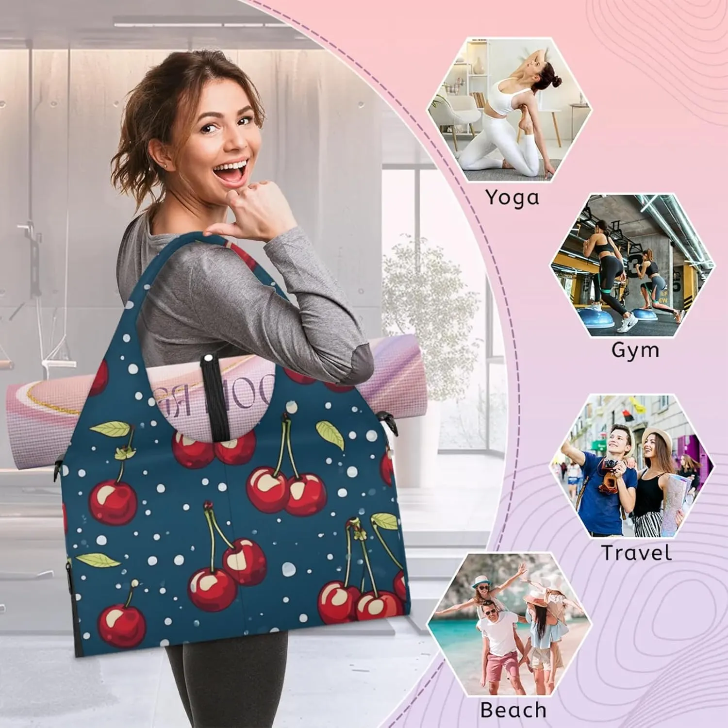 Gym Bag for Women Cherry Style Duffel Bag with Shoe Compartment and Yoga Mat Holder Portable Weekender Bags Travel Tote Bags