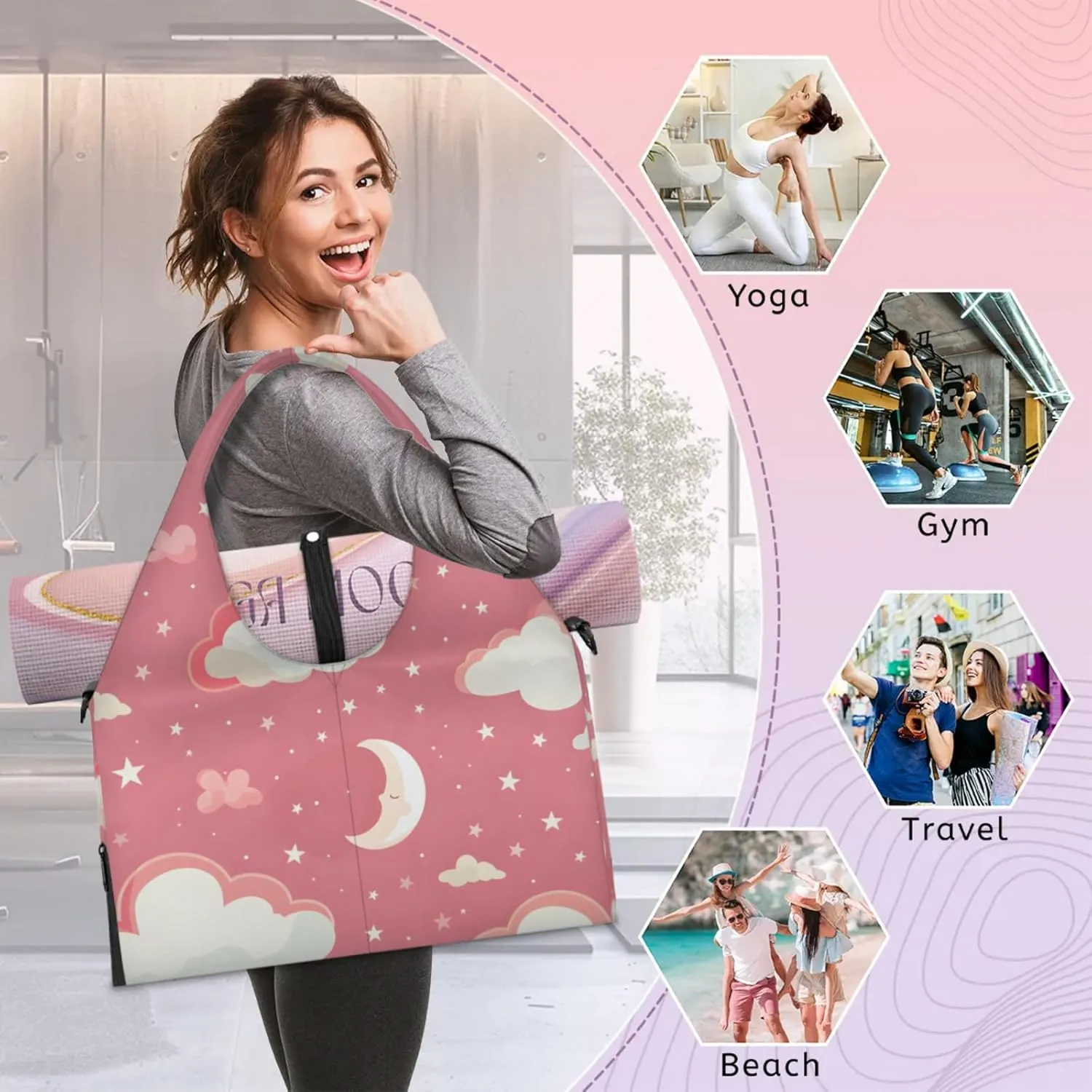 Gym Bag for Women Cloud Moon Stars Duffel Bag with Shoe Compartment and Yoga Mat Holder Portable Weekender Bags Travel Tote Bags