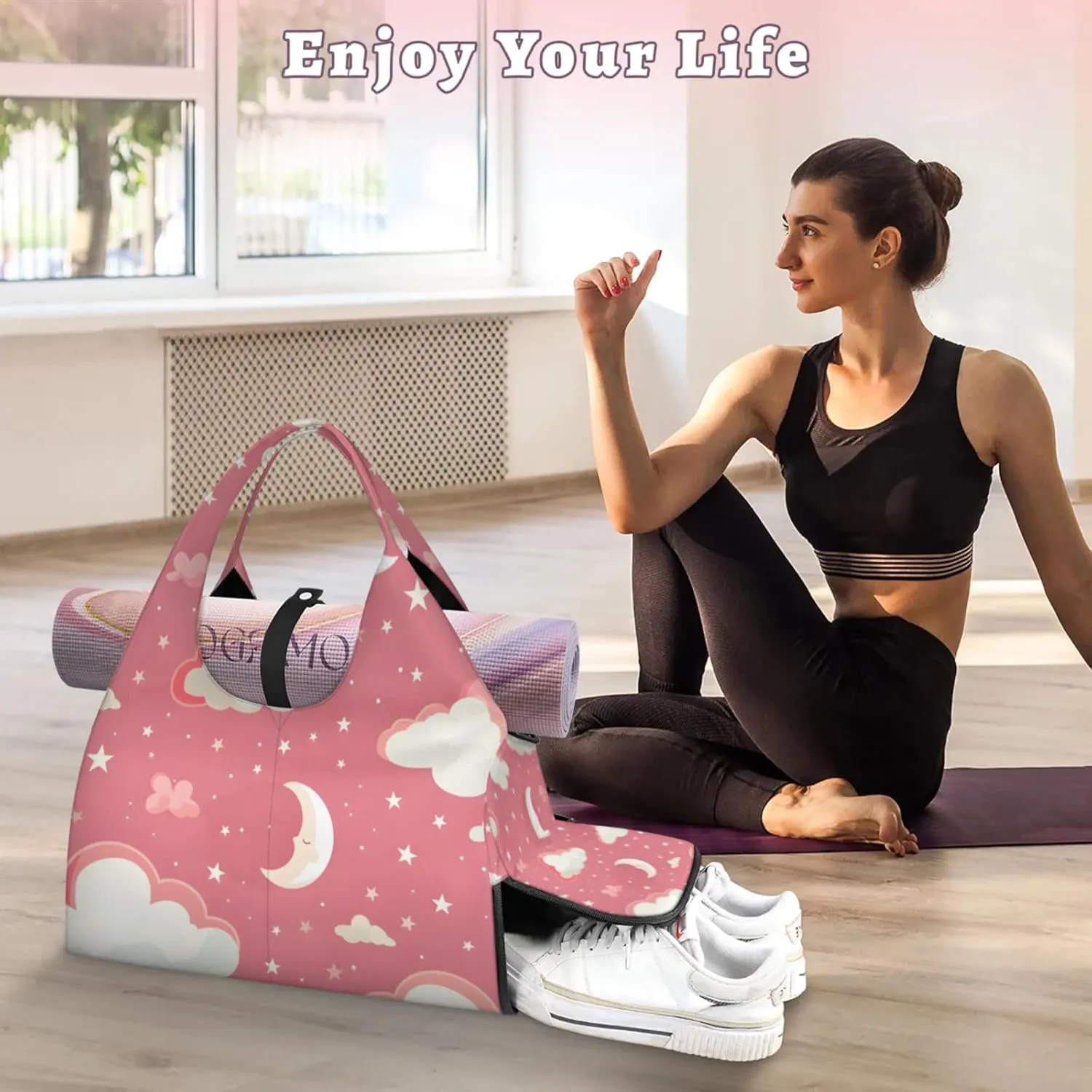 Gym Bag for Women Cloud Moon Stars Duffel Bag with Shoe Compartment and Yoga Mat Holder Portable Weekender Bags Travel Tote Bags