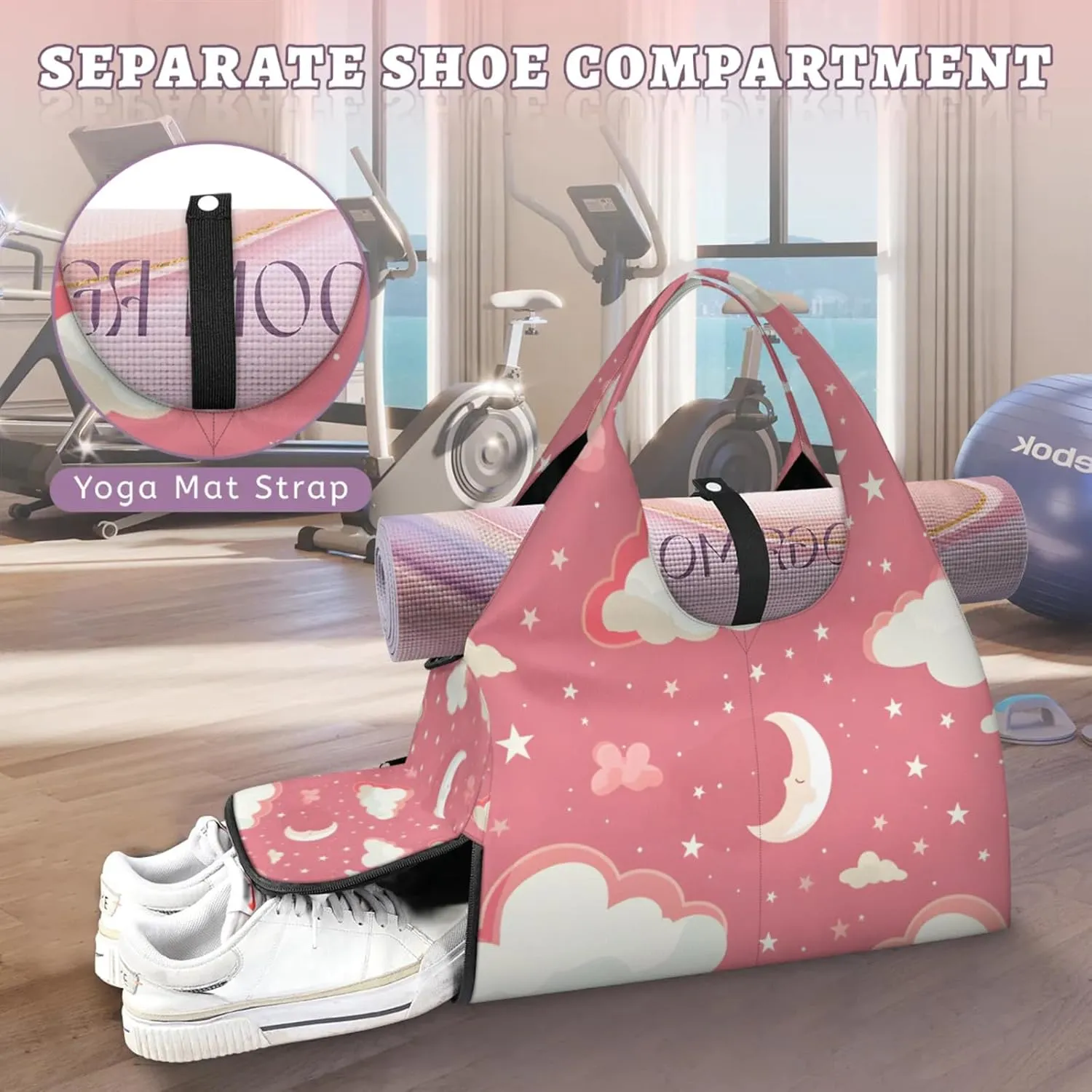 Gym Bag for Women Cloud Moon Stars Duffel Bag with Shoe Compartment and Yoga Mat Holder Portable Weekender Bags Travel Tote Bags