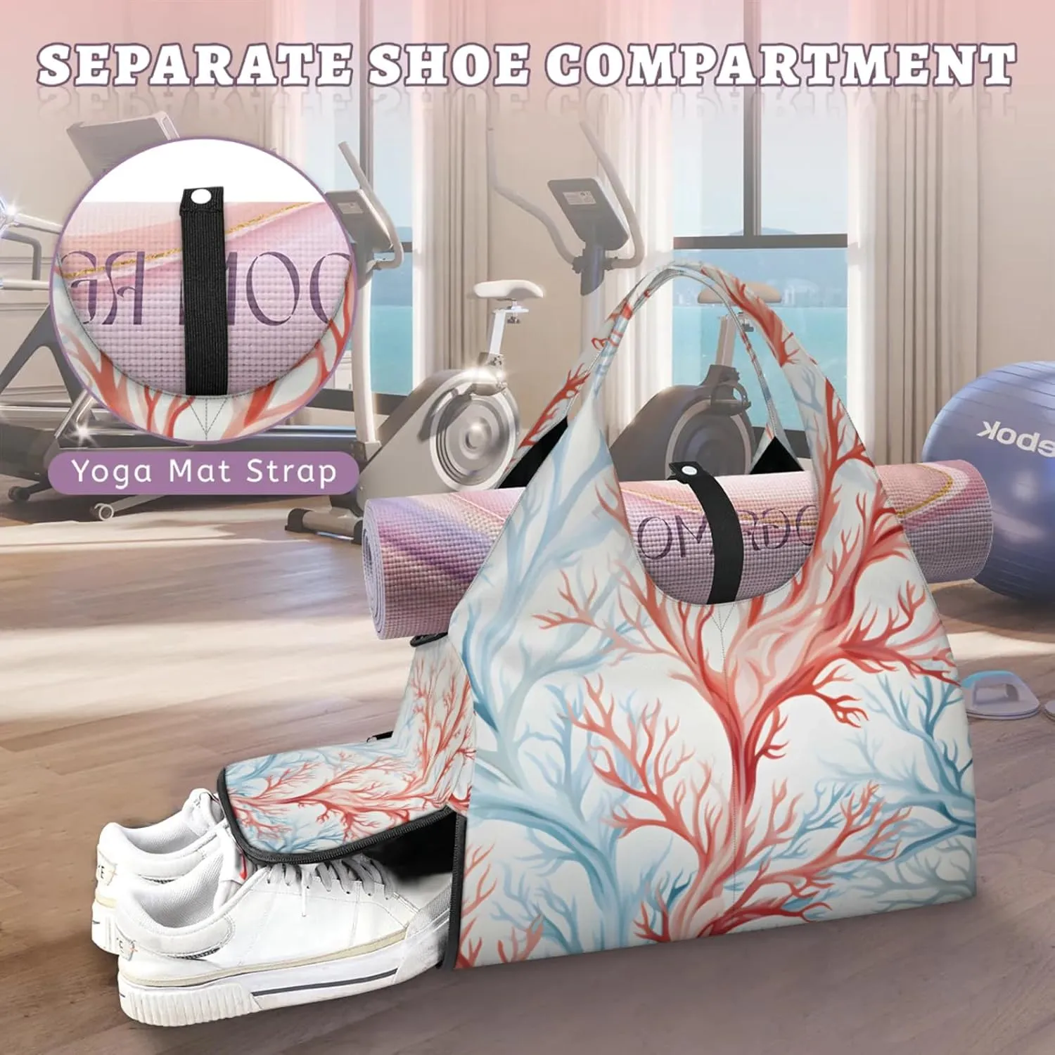 Gym Bag for Women Coral Duffel Bag with Shoe Compartment and Yoga Mat Holder Portable Weekender Bags Travel Tote Bags