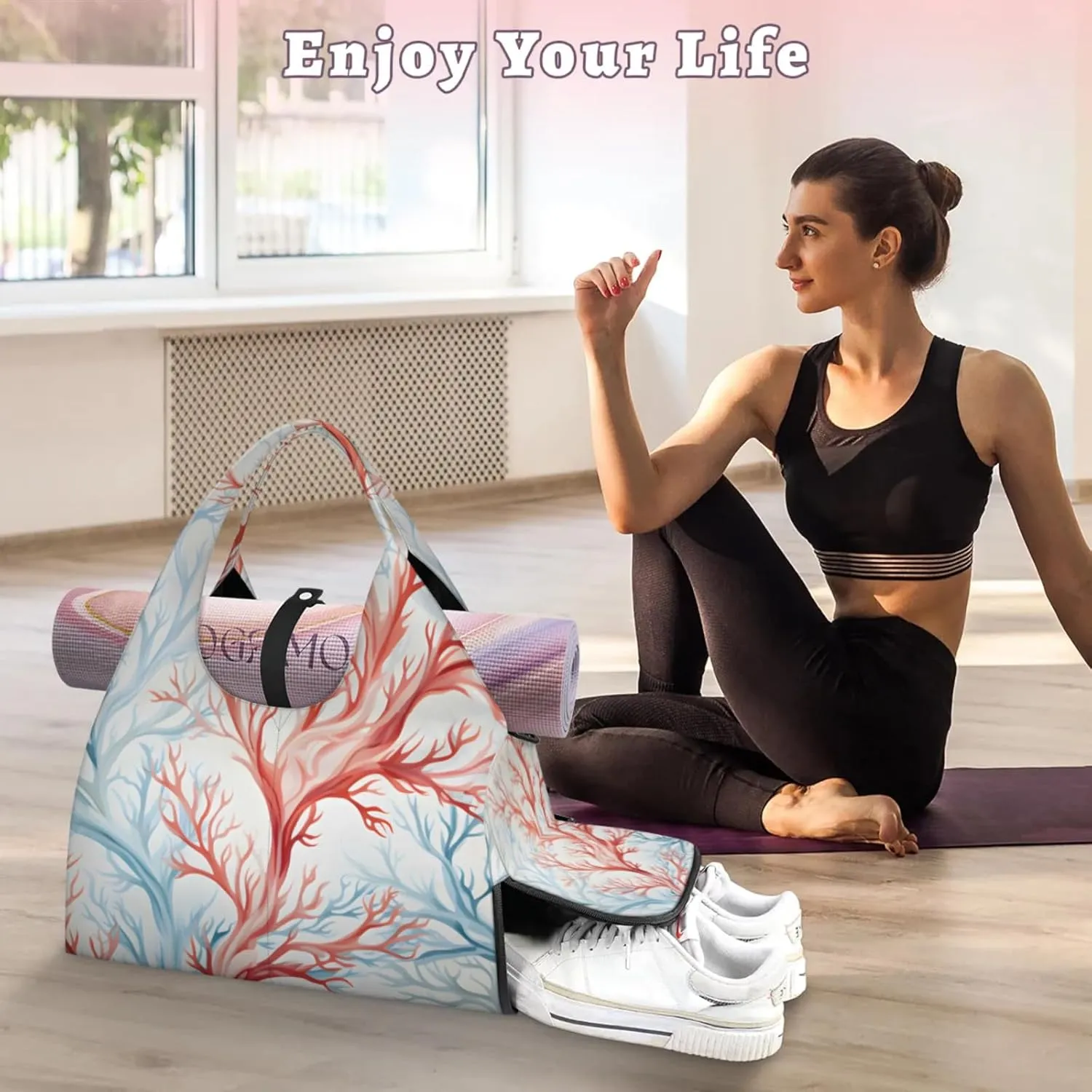 Gym Bag for Women Coral Duffel Bag with Shoe Compartment and Yoga Mat Holder Portable Weekender Bags Travel Tote Bags