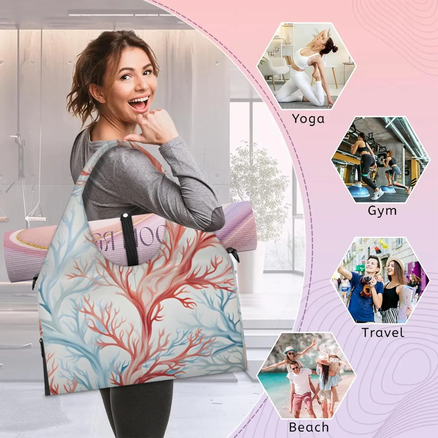 Gym Bag for Women Coral Duffel Bag with Shoe Compartment and Yoga Mat Holder Portable Weekender Bags Travel Tote Bags
