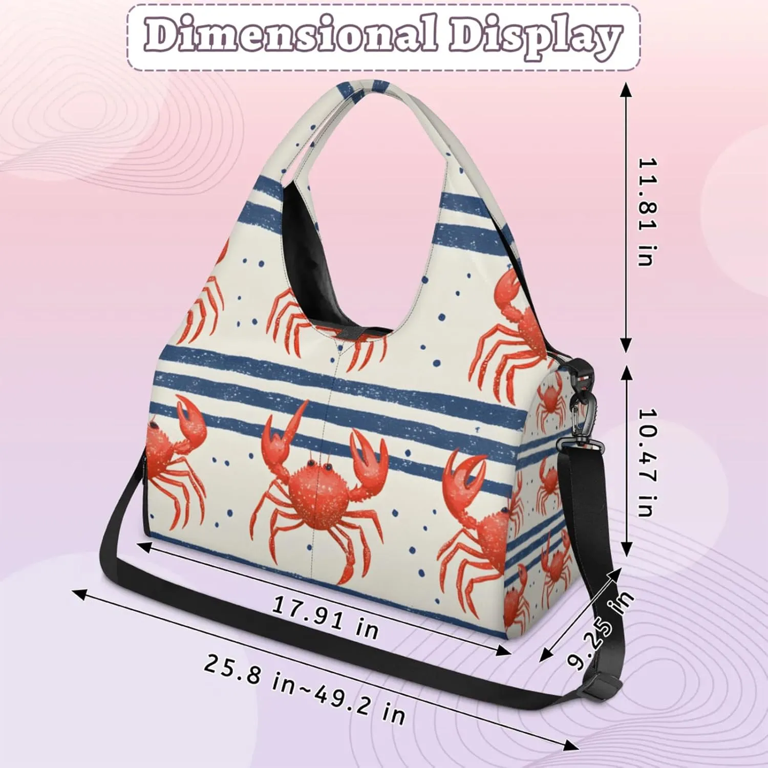 Gym Bag for Women Cute Crab Stripes Duffel Bag with Shoe Compartment and Yoga Mat Holder Portable Weekender Bags Travel Tote Bags