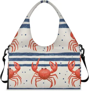Gym Bag for Women Cute Crab Stripes Duffel Bag with Shoe Compartment and Yoga Mat Holder Portable Weekender Bags Travel Tote Bags