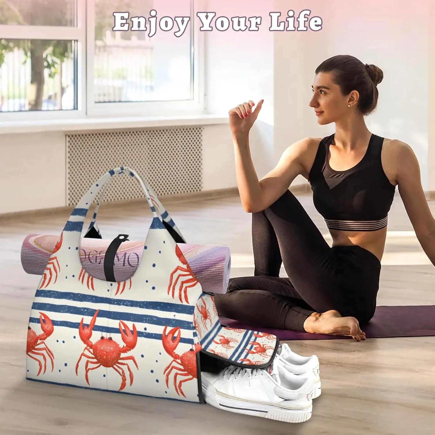 Gym Bag for Women Cute Crab Stripes Duffel Bag with Shoe Compartment and Yoga Mat Holder Portable Weekender Bags Travel Tote Bags