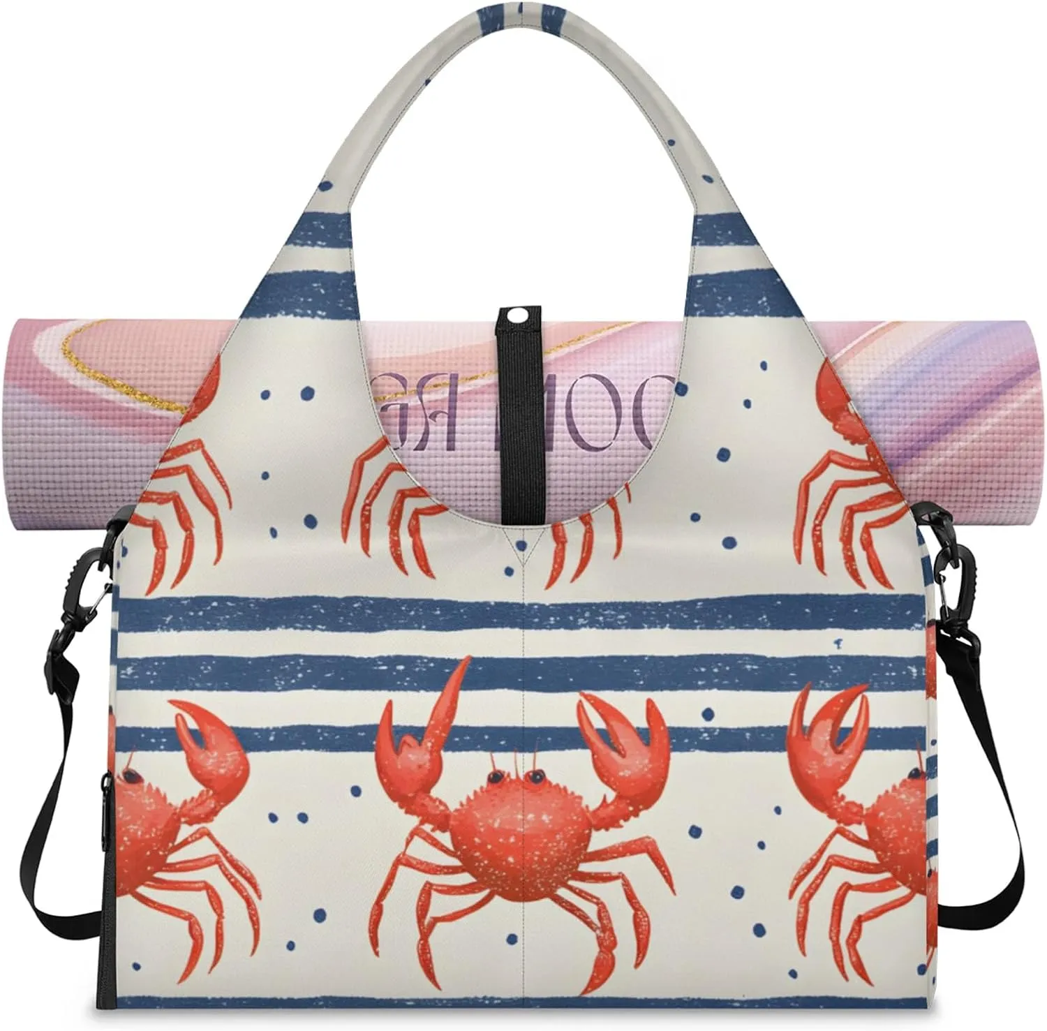 Gym Bag for Women Cute Crab Stripes Duffel Bag with Shoe Compartment and Yoga Mat Holder Portable Weekender Bags Travel Tote Bags