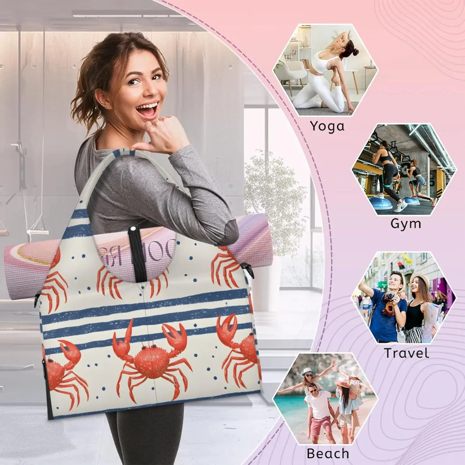Gym Bag for Women Cute Crab Stripes Duffel Bag with Shoe Compartment and Yoga Mat Holder Portable Weekender Bags Travel Tote Bags