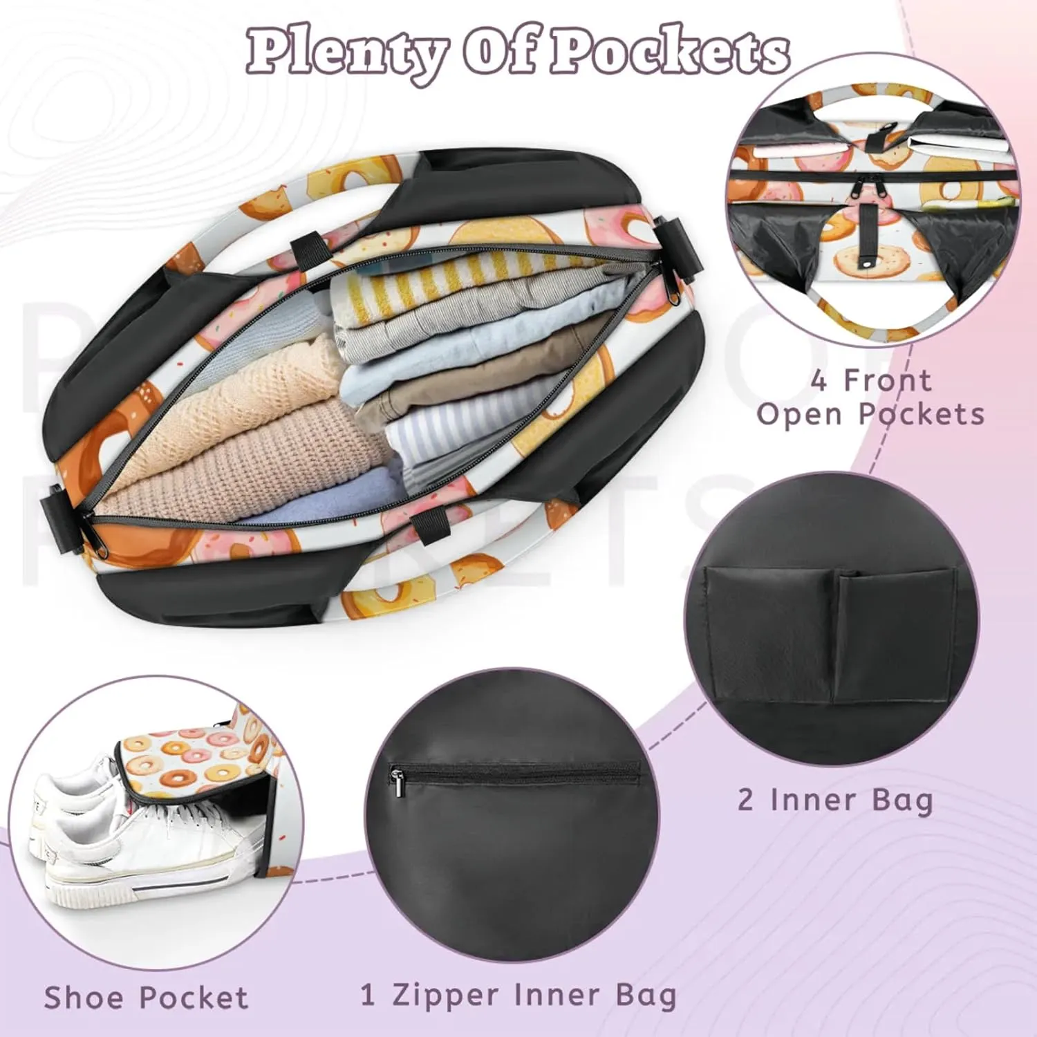 Gym Bag for Women Cute Doughnuts Duffel Bag with Shoe Compartment and Yoga Mat Holder Portable Weekender Bags Travel Tote Bags