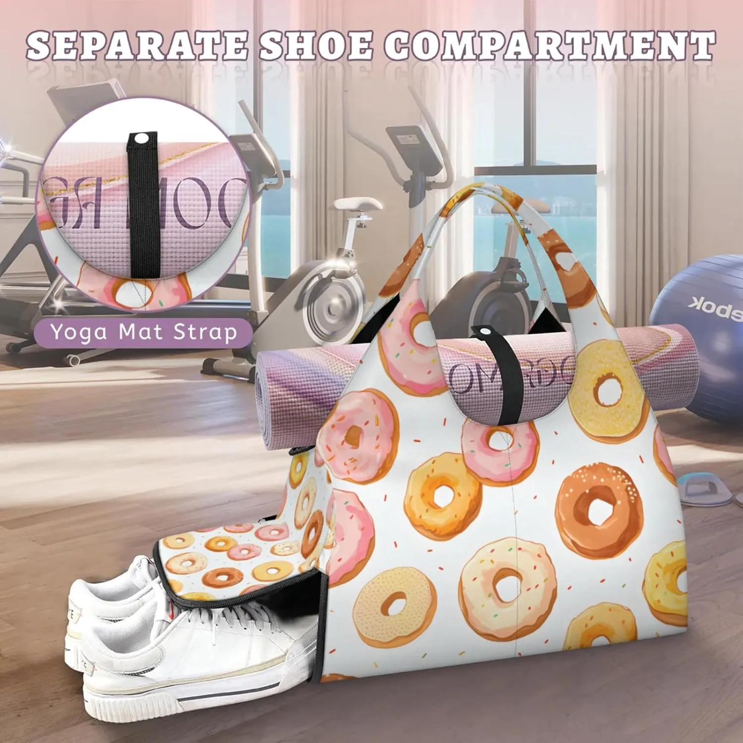 Gym Bag for Women Cute Doughnuts Duffel Bag with Shoe Compartment and Yoga Mat Holder Portable Weekender Bags Travel Tote Bags