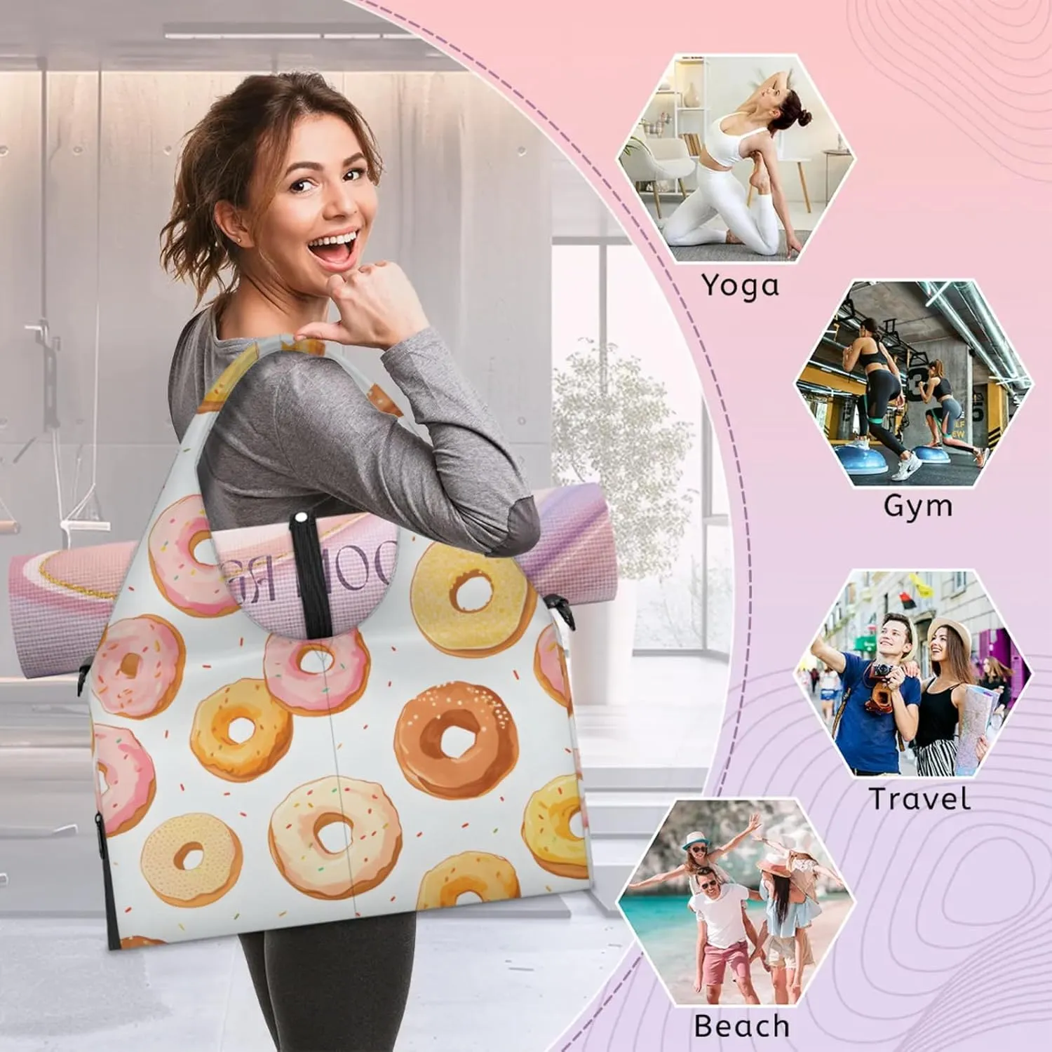 Gym Bag for Women Cute Doughnuts Duffel Bag with Shoe Compartment and Yoga Mat Holder Portable Weekender Bags Travel Tote Bags