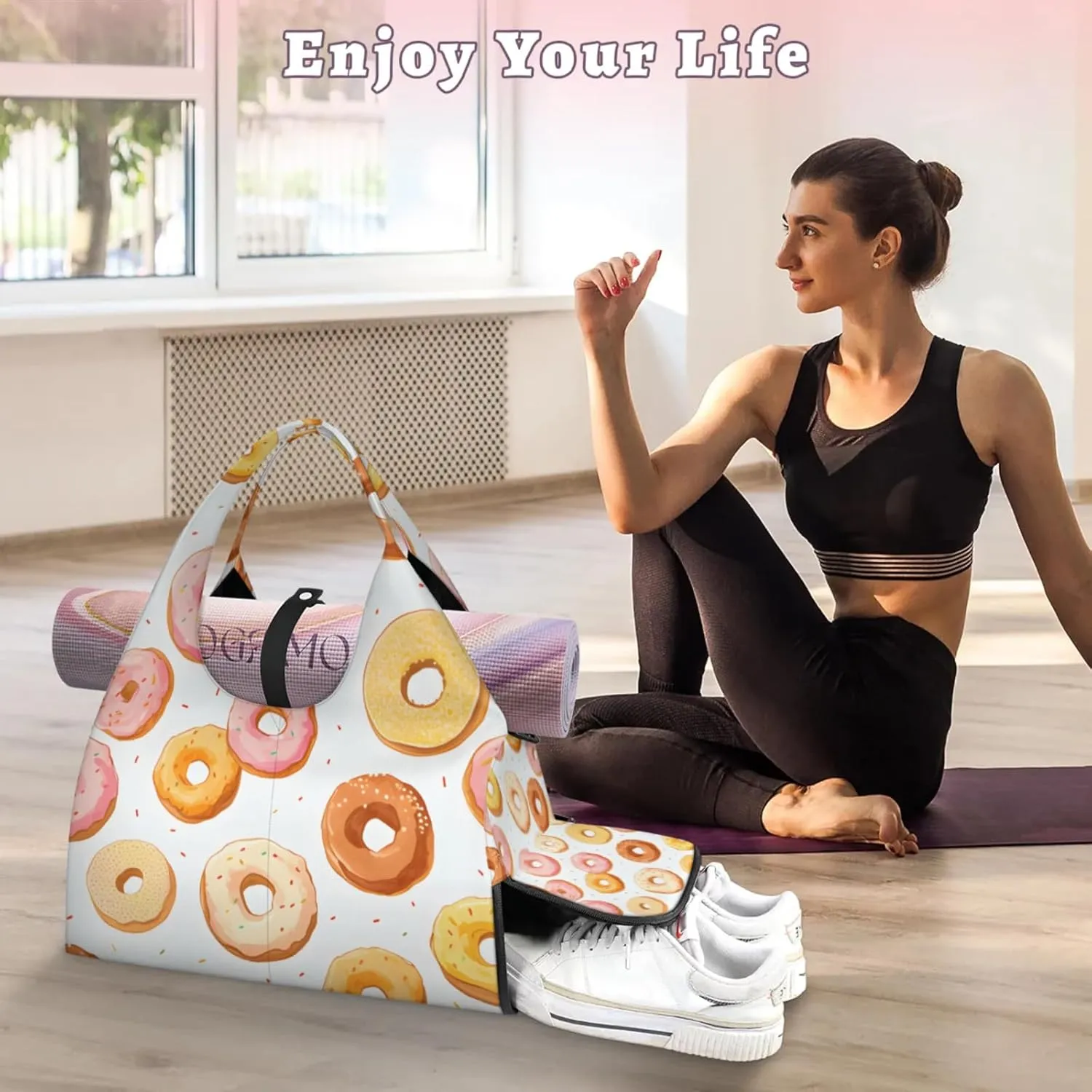 Gym Bag for Women Cute Doughnuts Duffel Bag with Shoe Compartment and Yoga Mat Holder Portable Weekender Bags Travel Tote Bags