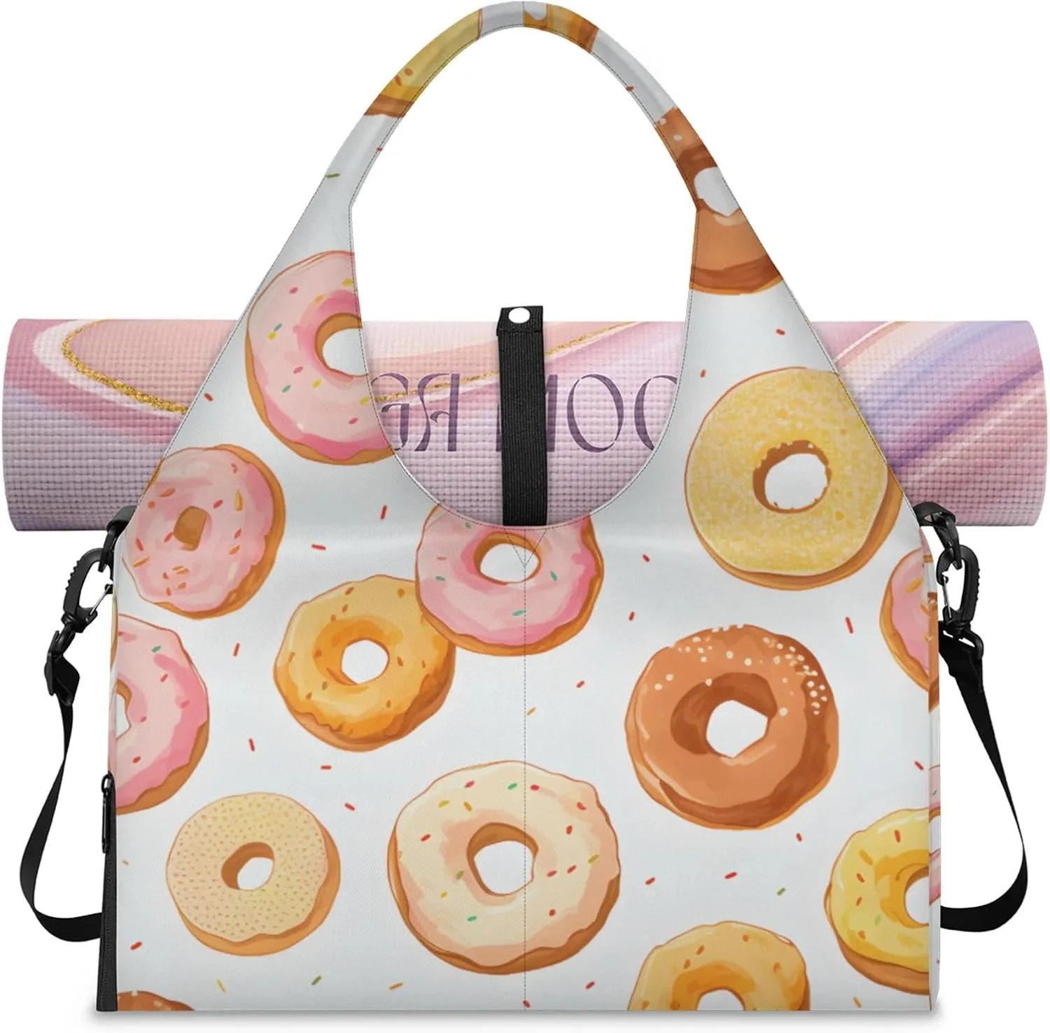 Gym Bag for Women Cute Doughnuts Duffel Bag with Shoe Compartment and Yoga Mat Holder Portable Weekender Bags Travel Tote Bags