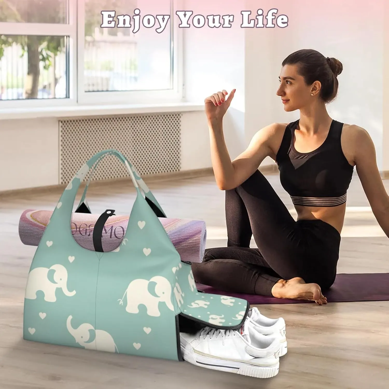 Gym Bag for Women Cute Elephant Heart Duffel Bag with Shoe Compartment and Yoga Mat Holder Portable Weekender Bags Travel Tote Bags