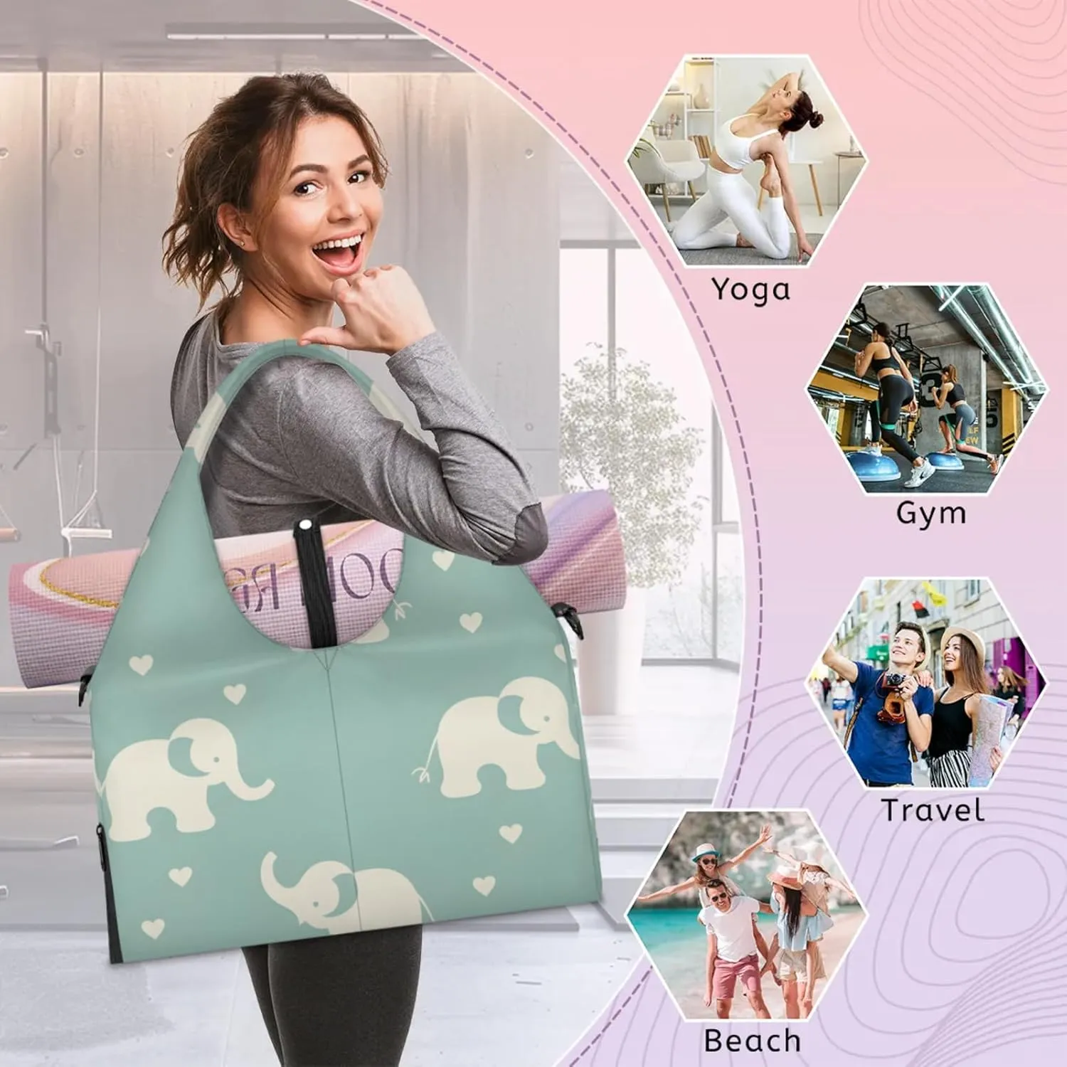 Gym Bag for Women Cute Elephant Heart Duffel Bag with Shoe Compartment and Yoga Mat Holder Portable Weekender Bags Travel Tote Bags
