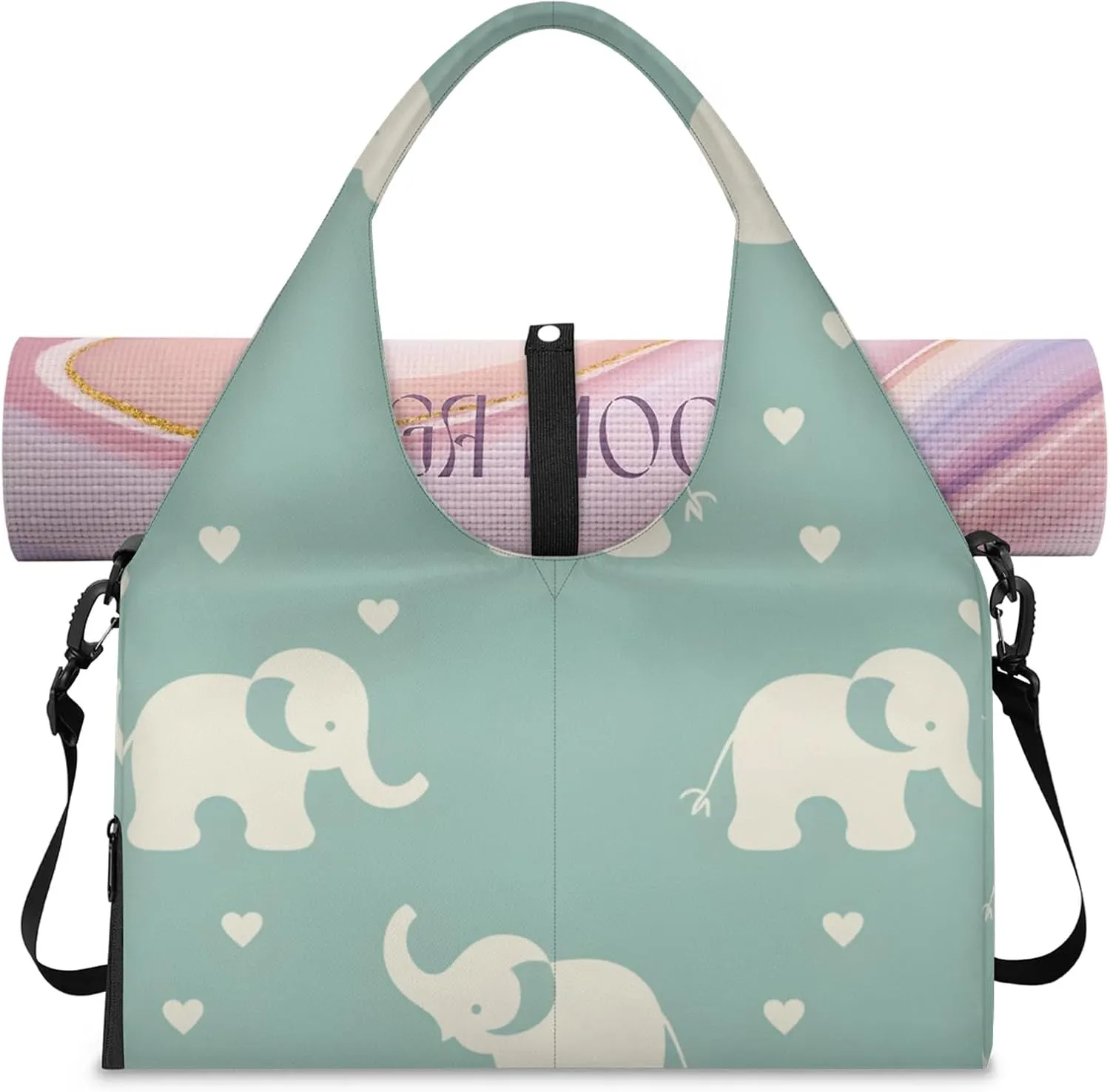 Gym Bag for Women Cute Elephant Heart Duffel Bag with Shoe Compartment and Yoga Mat Holder Portable Weekender Bags Travel Tote Bags