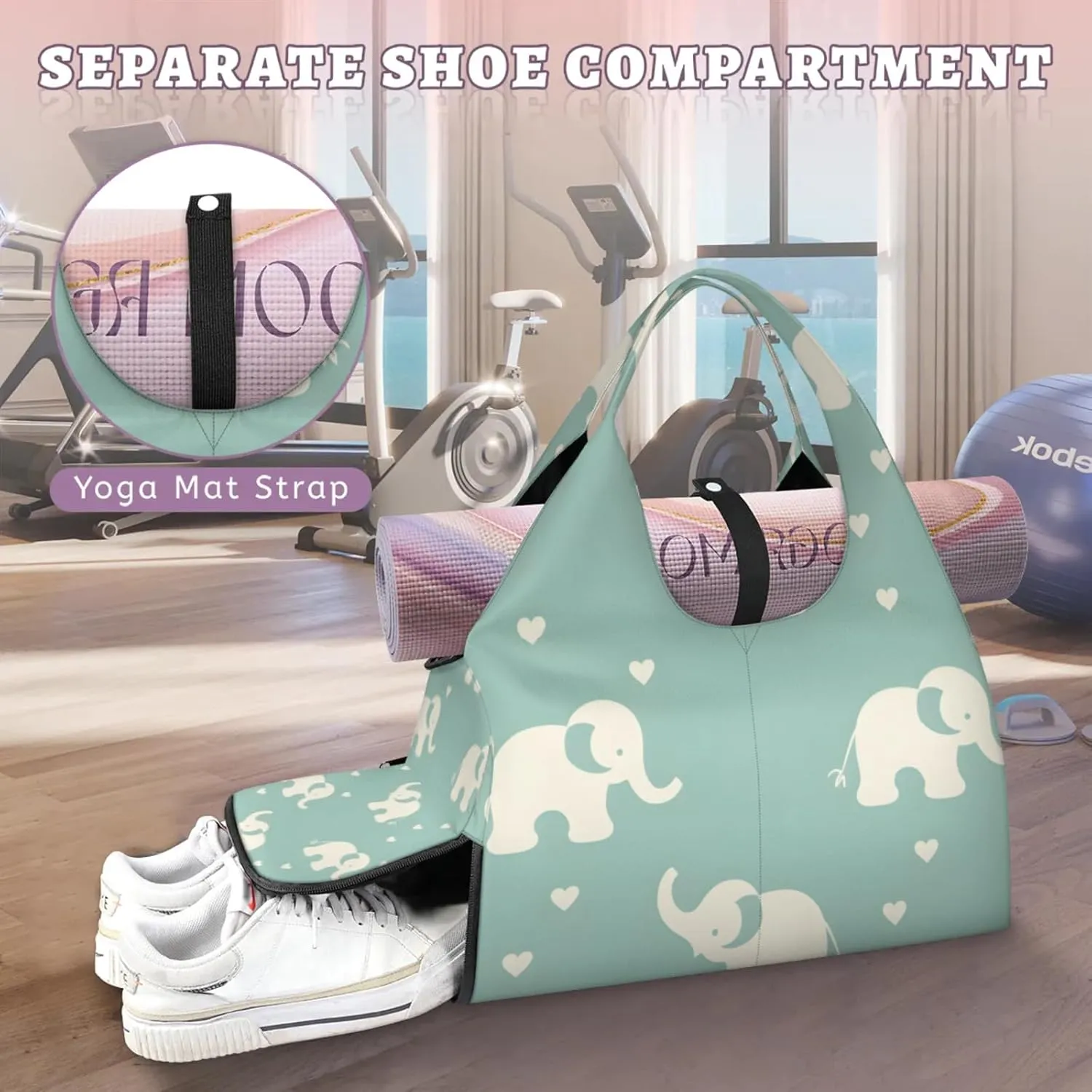 Gym Bag for Women Cute Elephant Heart Duffel Bag with Shoe Compartment and Yoga Mat Holder Portable Weekender Bags Travel Tote Bags