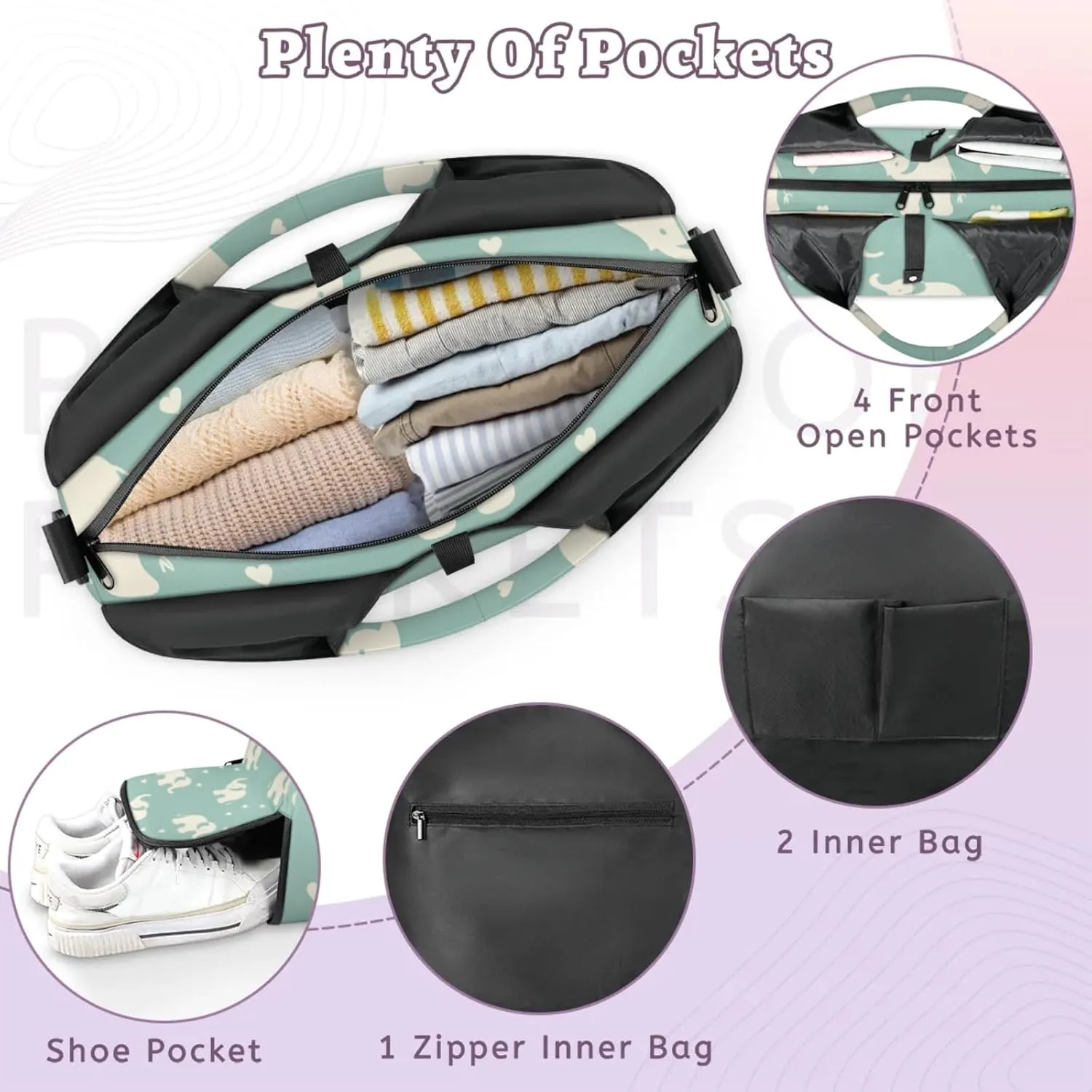 Gym Bag for Women Cute Elephant Heart Duffel Bag with Shoe Compartment and Yoga Mat Holder Portable Weekender Bags Travel Tote Bags