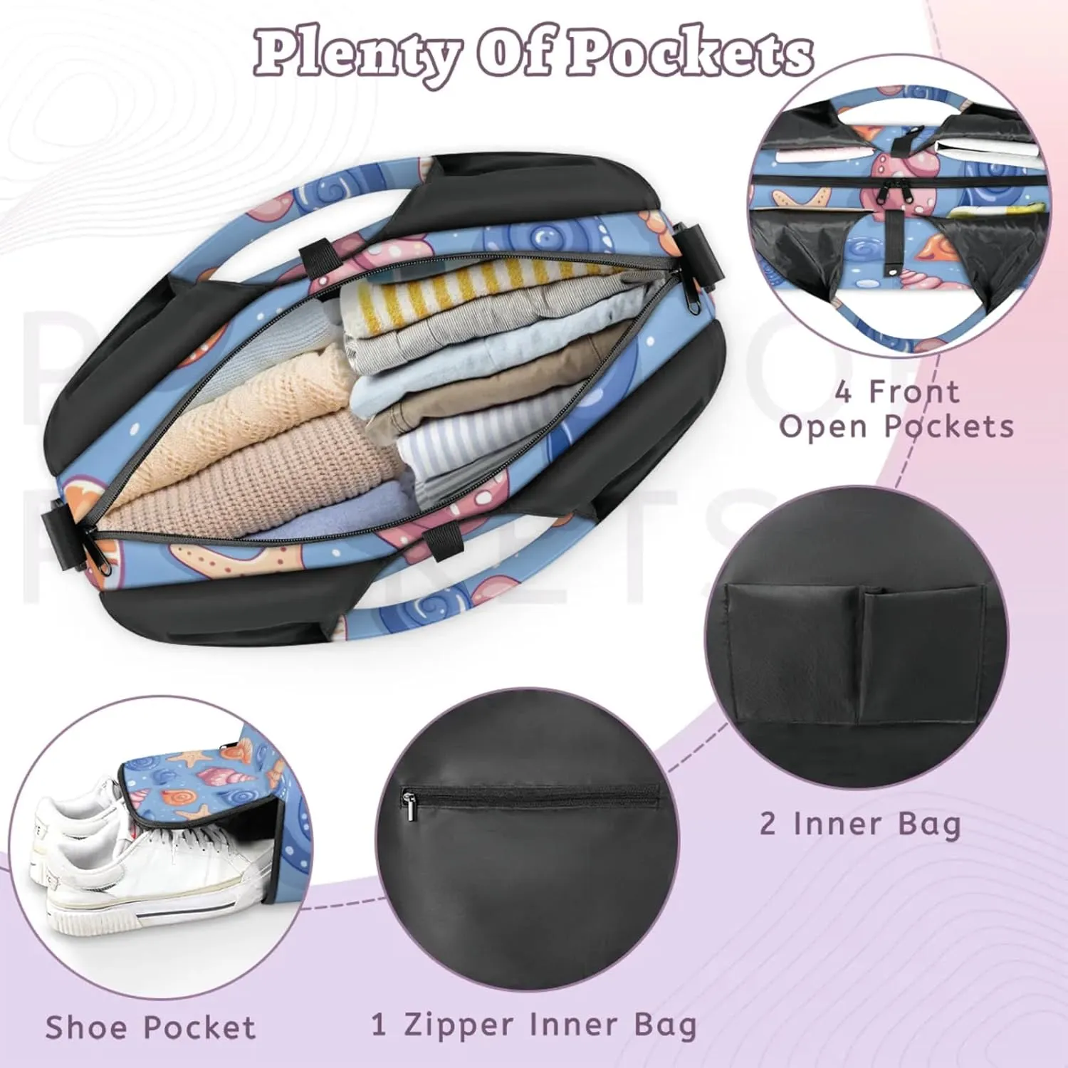 Gym Bag for Women Cute Starfish Conch Duffel Bag with Shoe Compartment and Yoga Mat Holder Portable Weekender Bags Travel Tote Bags