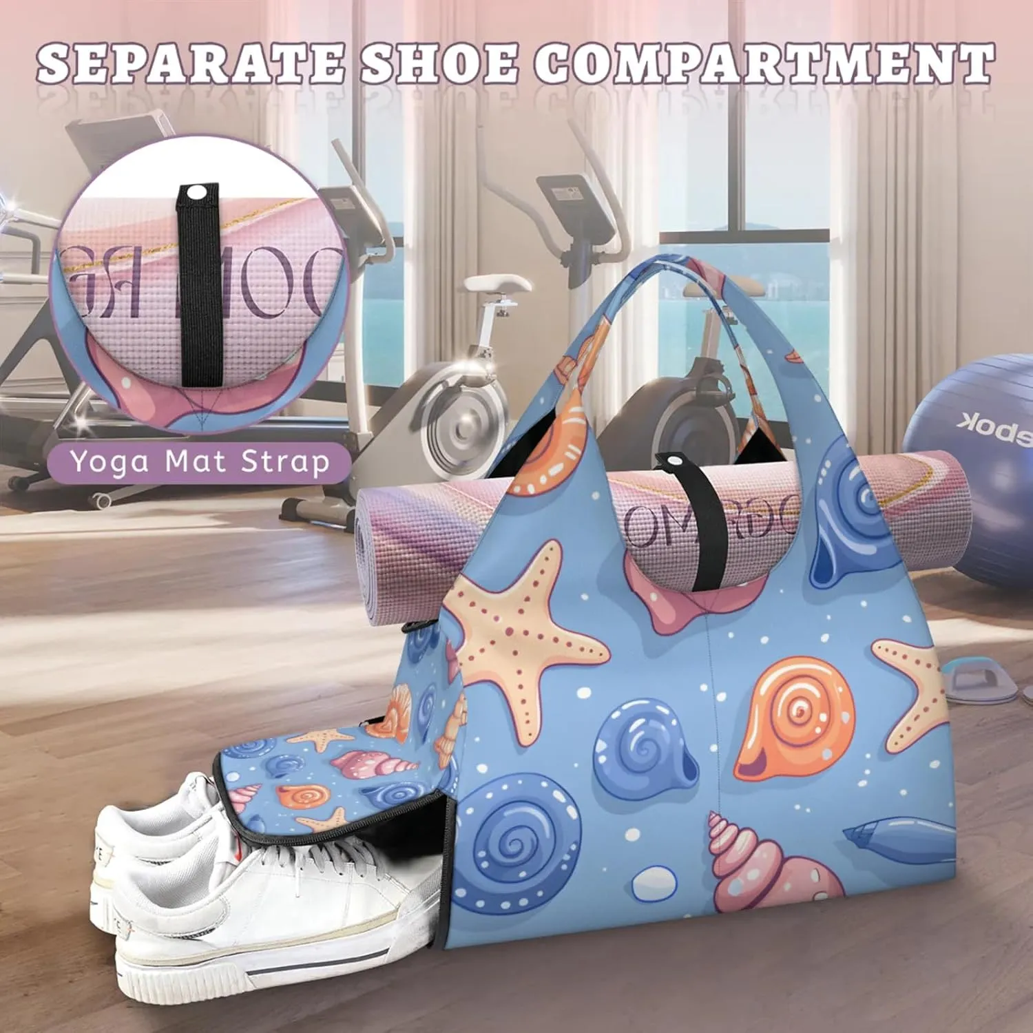 Gym Bag for Women Cute Starfish Conch Duffel Bag with Shoe Compartment and Yoga Mat Holder Portable Weekender Bags Travel Tote Bags