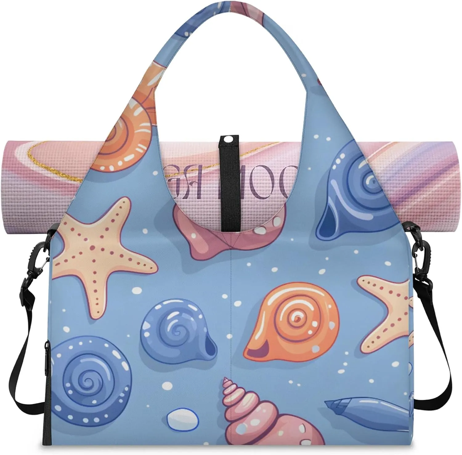 Gym Bag for Women Cute Starfish Conch Duffel Bag with Shoe Compartment and Yoga Mat Holder Portable Weekender Bags Travel Tote Bags