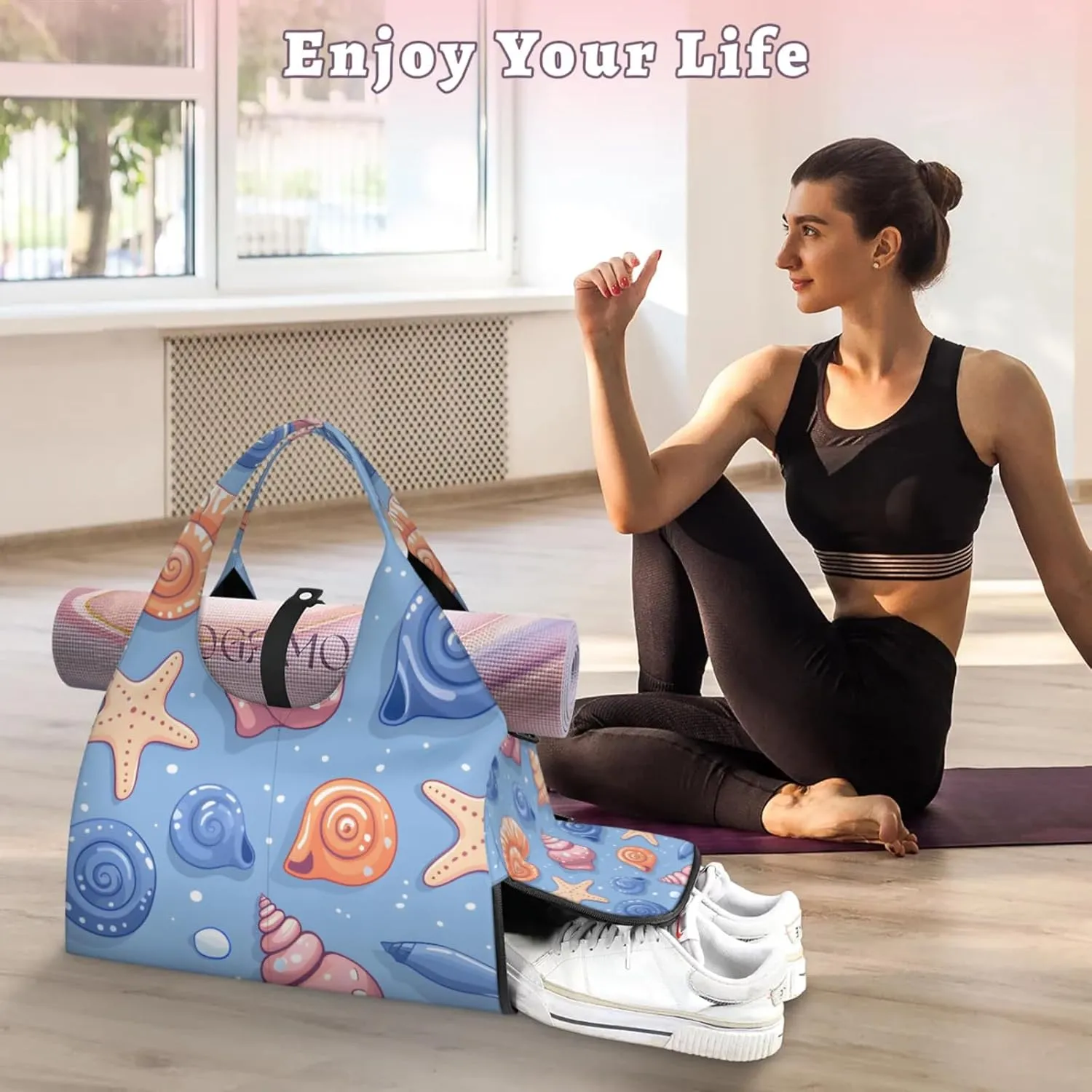 Gym Bag for Women Cute Starfish Conch Duffel Bag with Shoe Compartment and Yoga Mat Holder Portable Weekender Bags Travel Tote Bags