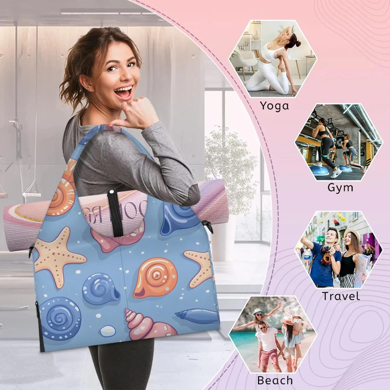 Gym Bag for Women Cute Starfish Conch Duffel Bag with Shoe Compartment and Yoga Mat Holder Portable Weekender Bags Travel Tote Bags