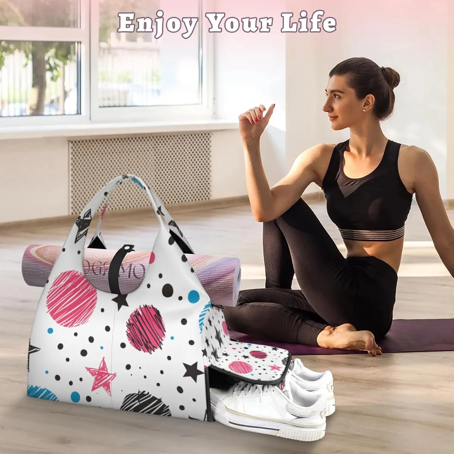 Gym Bag for Women Cute Stars Planets Duffel Bag with Shoe Compartment and Yoga Mat Holder Portable Weekender Bags Travel Tote Bags