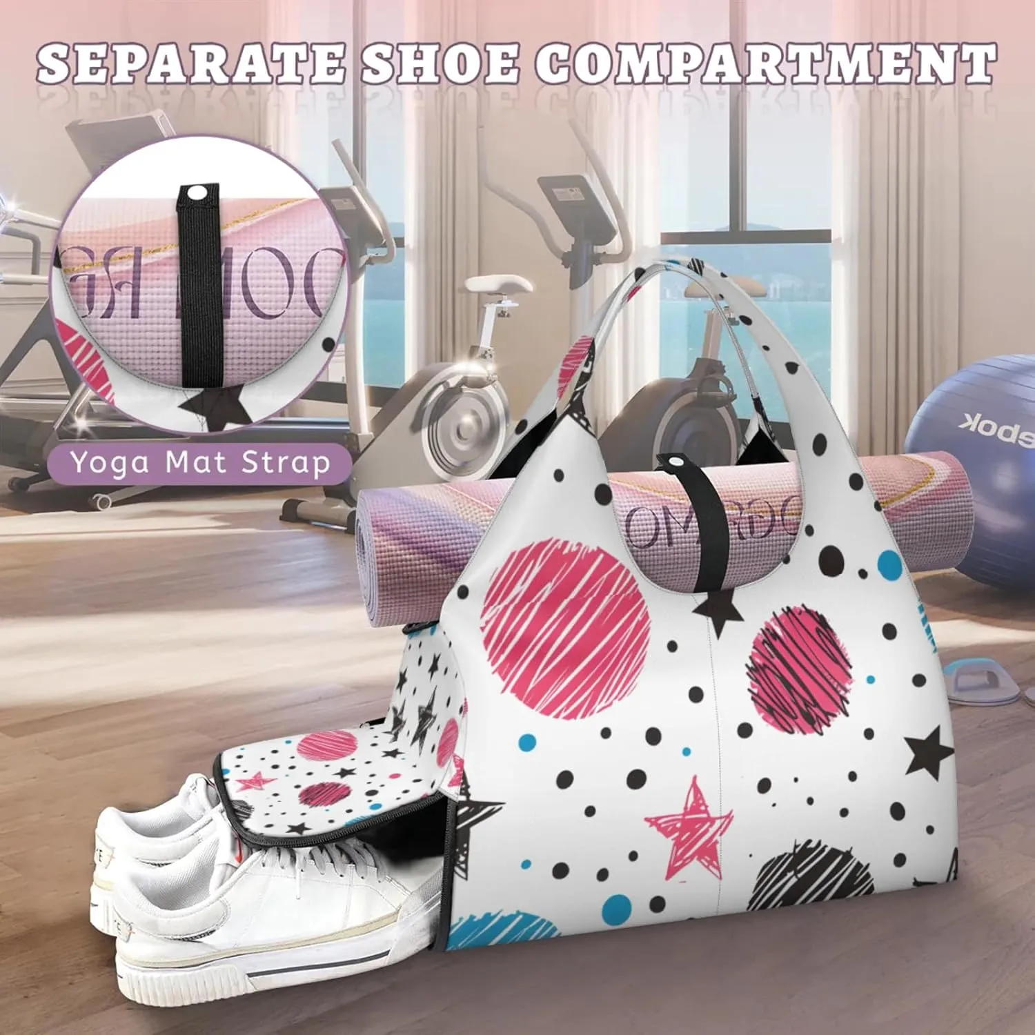 Gym Bag for Women Cute Stars Planets Duffel Bag with Shoe Compartment and Yoga Mat Holder Portable Weekender Bags Travel Tote Bags