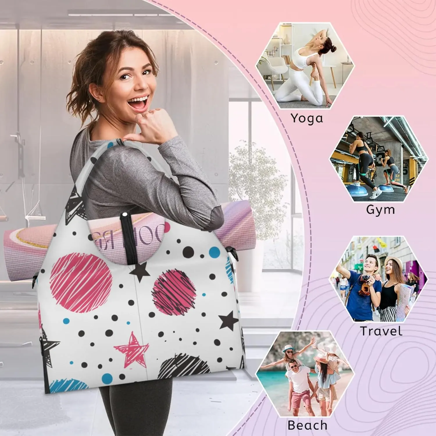 Gym Bag for Women Cute Stars Planets Duffel Bag with Shoe Compartment and Yoga Mat Holder Portable Weekender Bags Travel Tote Bags