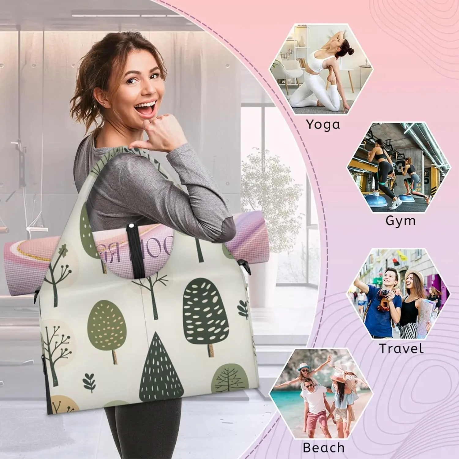 Gym Bag for Women Cute Trees Print Duffel Bag with Shoe Compartment and Yoga Mat Holder Portable Weekender Bags Travel Tote Bags