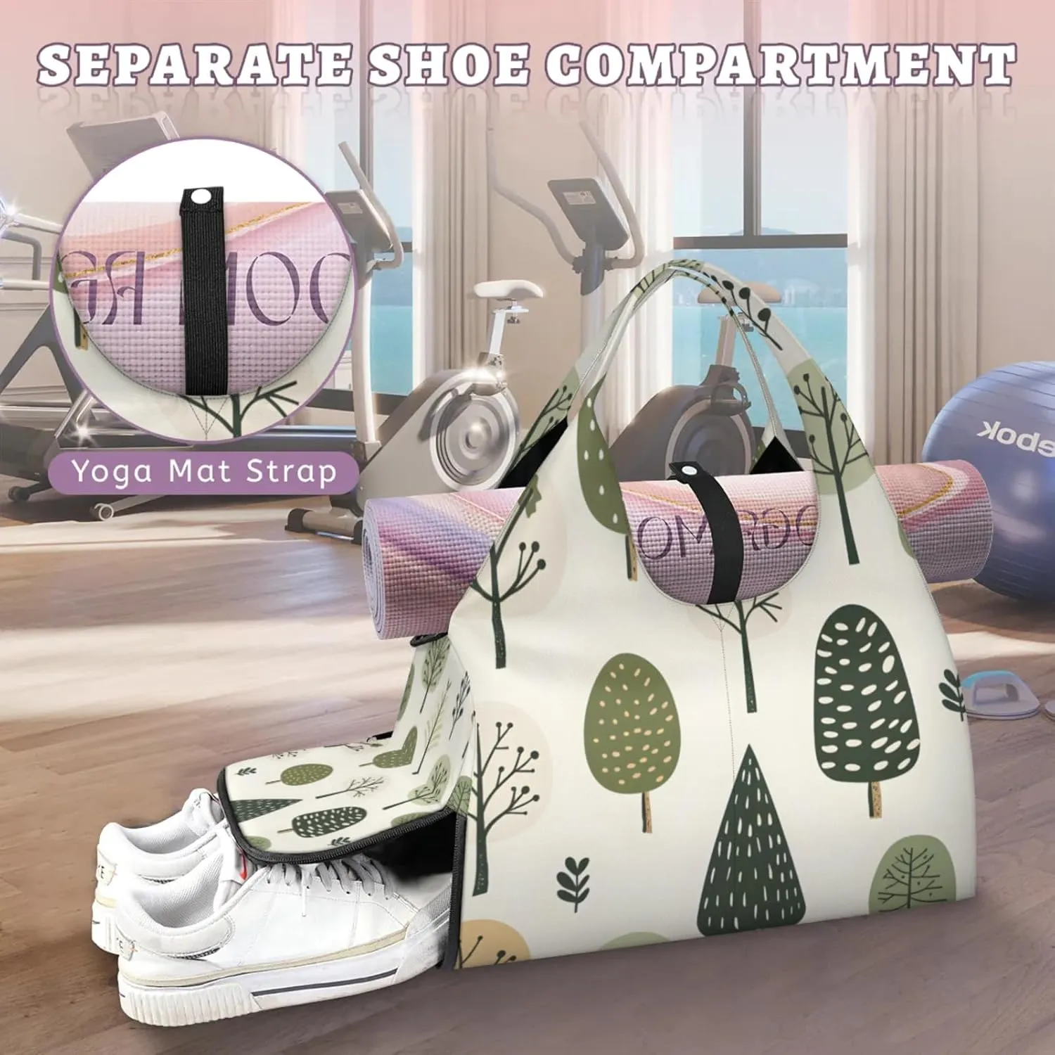 Gym Bag for Women Cute Trees Print Duffel Bag with Shoe Compartment and Yoga Mat Holder Portable Weekender Bags Travel Tote Bags