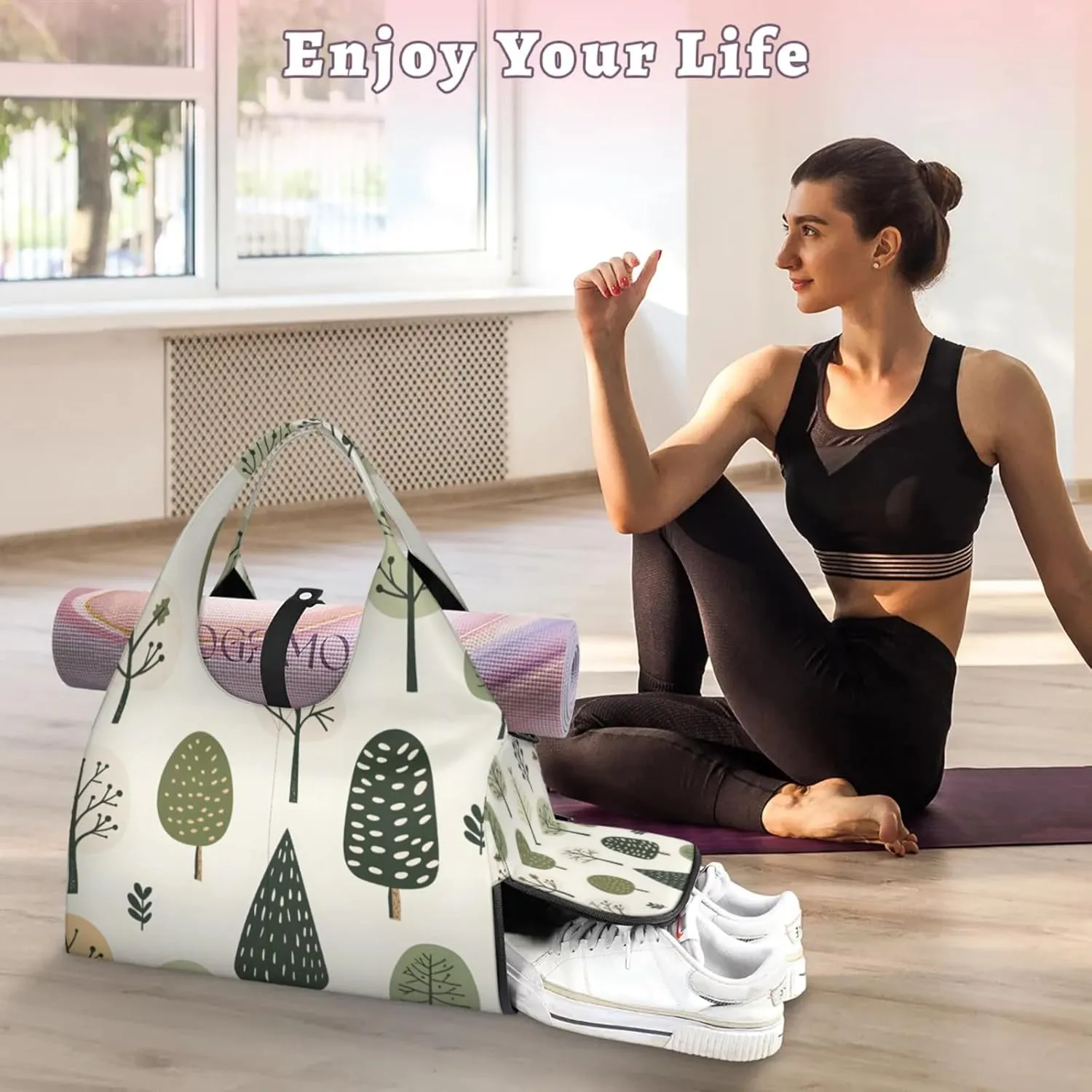 Gym Bag for Women Cute Trees Print Duffel Bag with Shoe Compartment and Yoga Mat Holder Portable Weekender Bags Travel Tote Bags